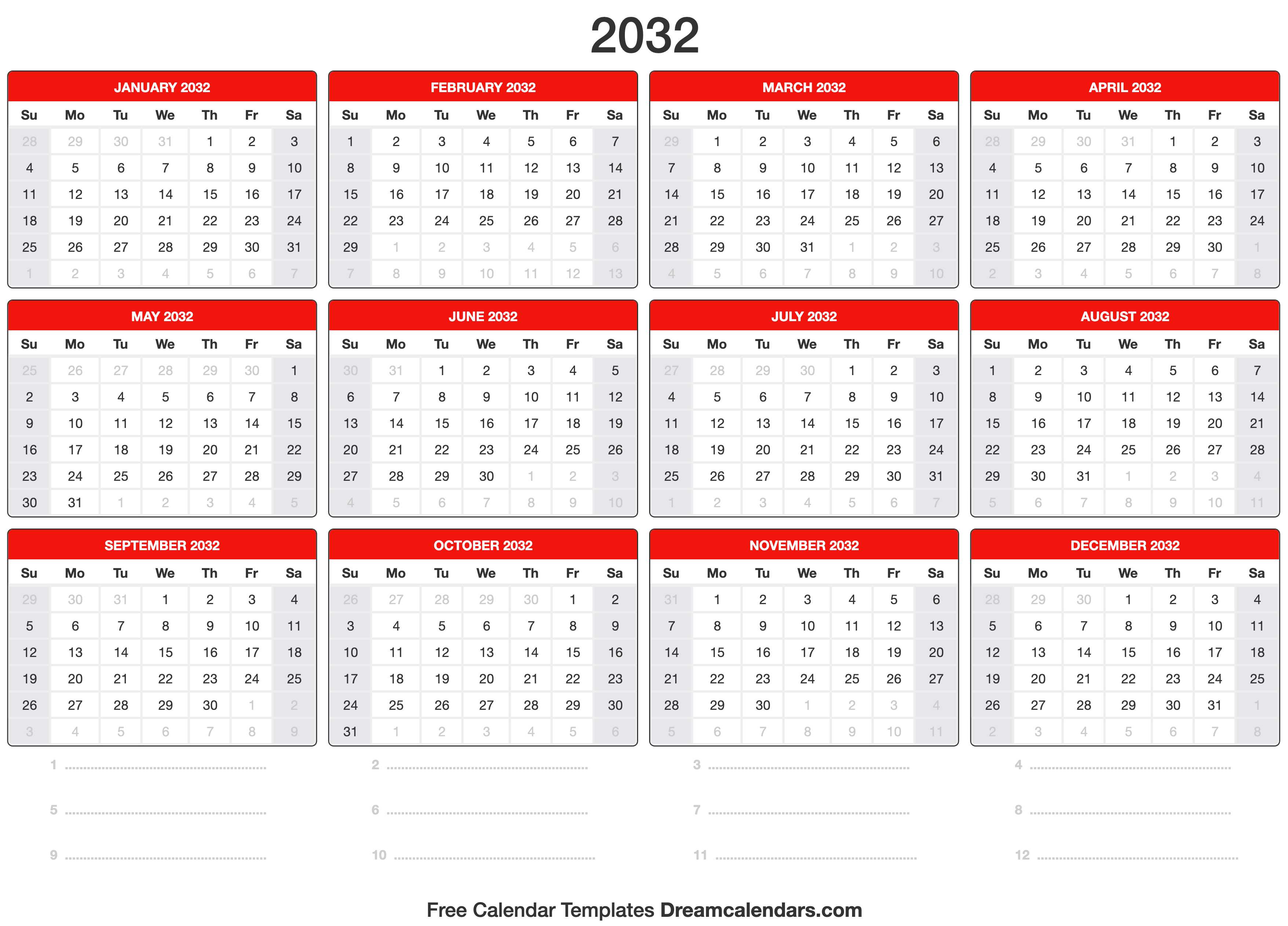 Download 2032 Printable Calendars