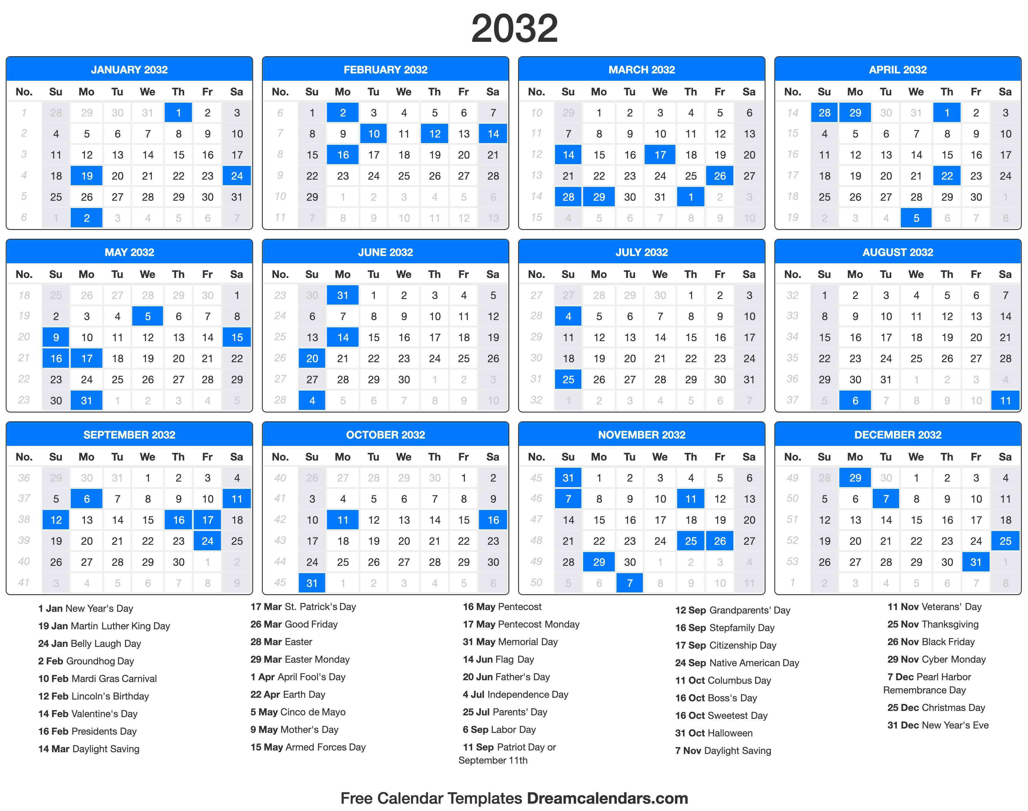 2032 Calendar with holidays