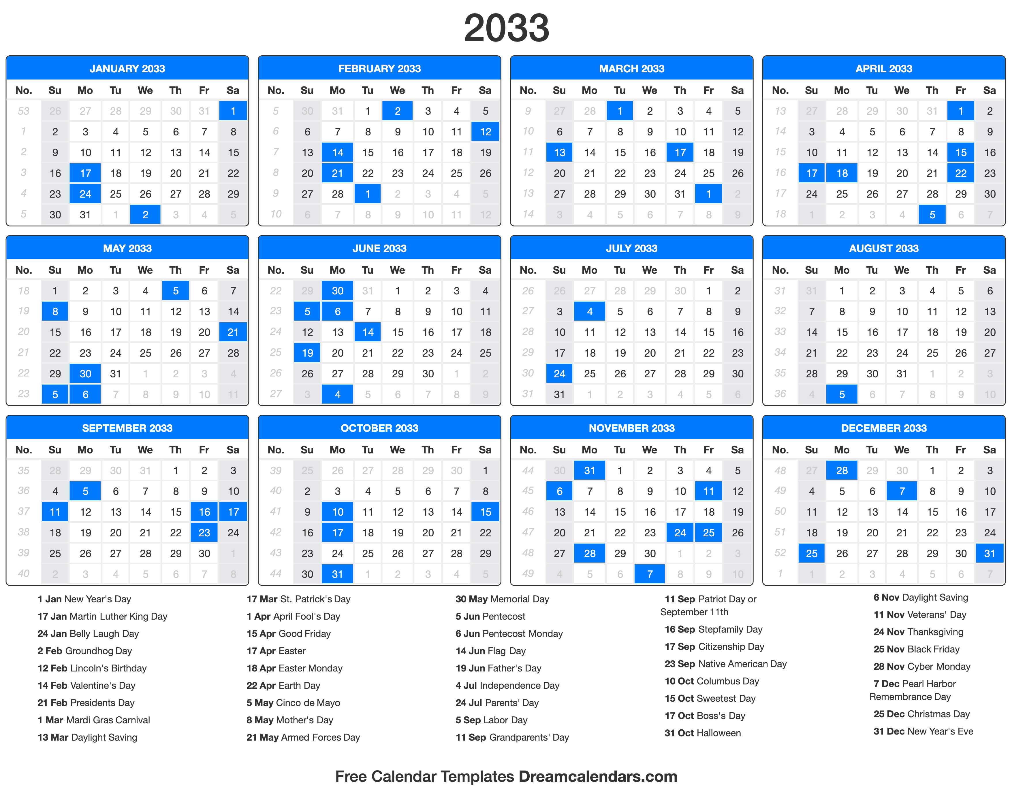2033 Calendar with holidays