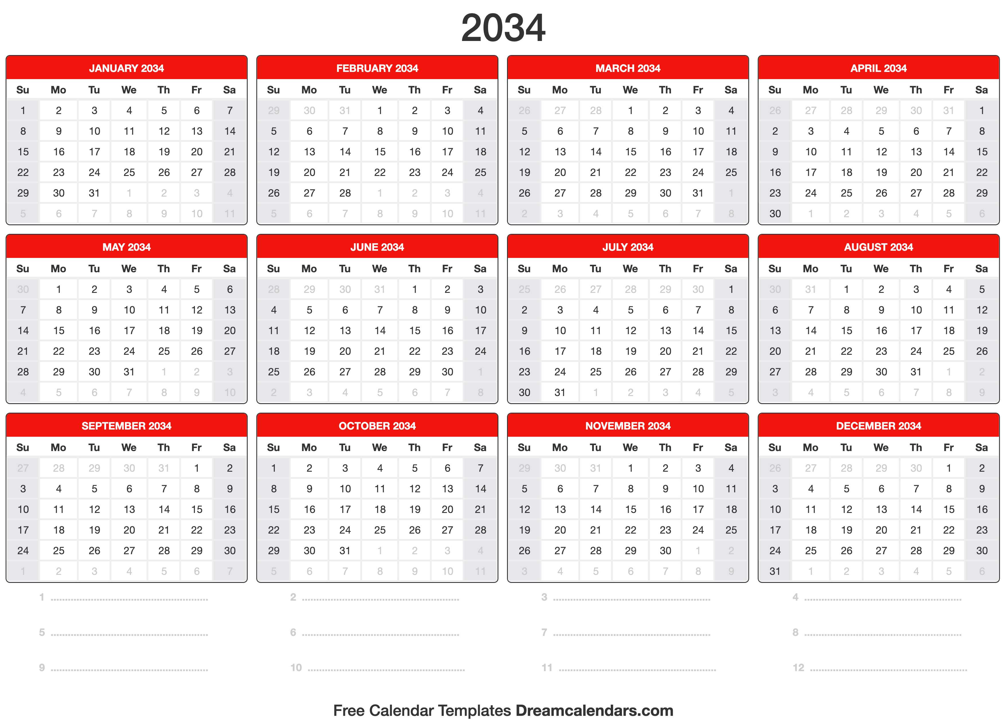 2034 Calendar Template