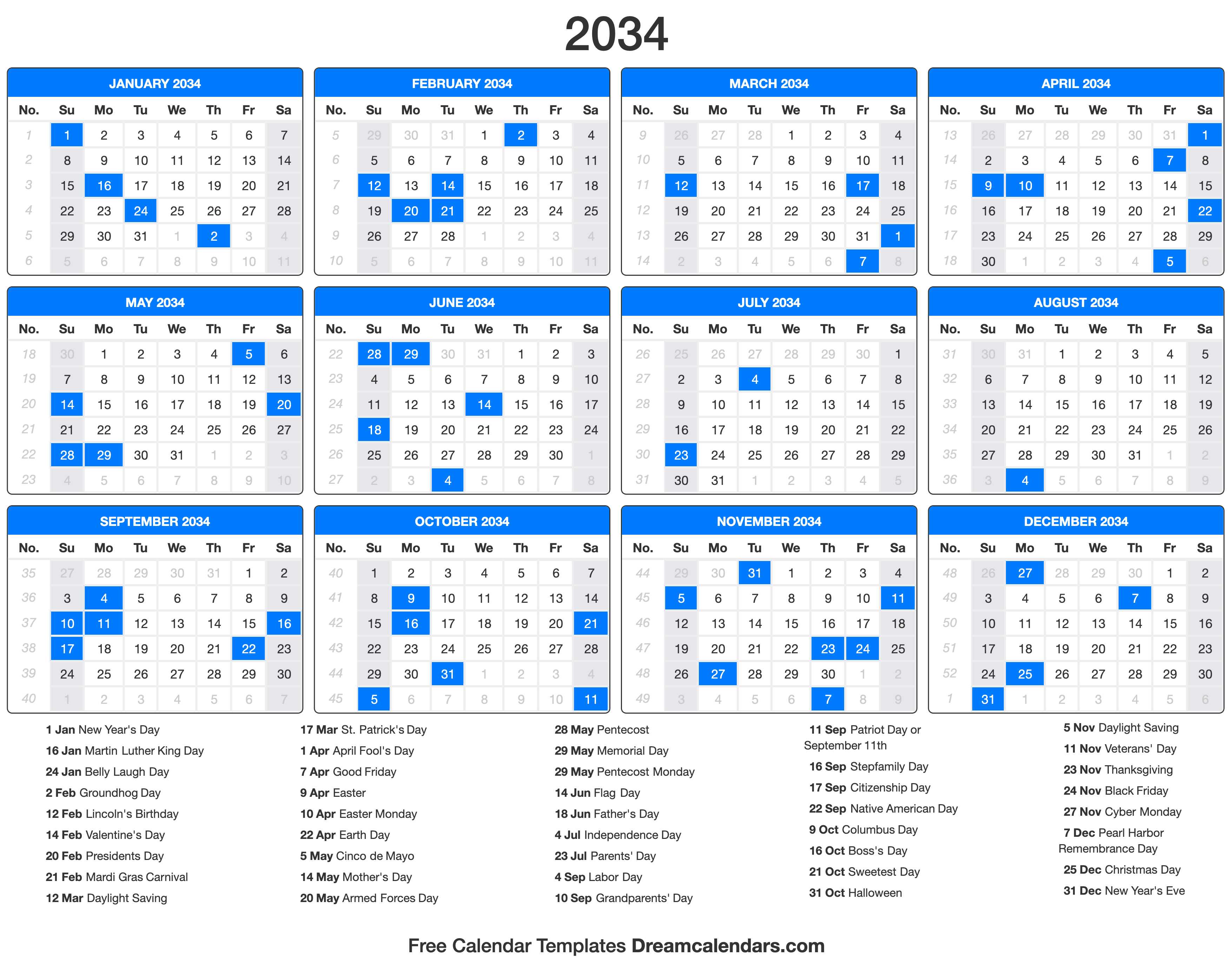 2034 Calendar with holidays