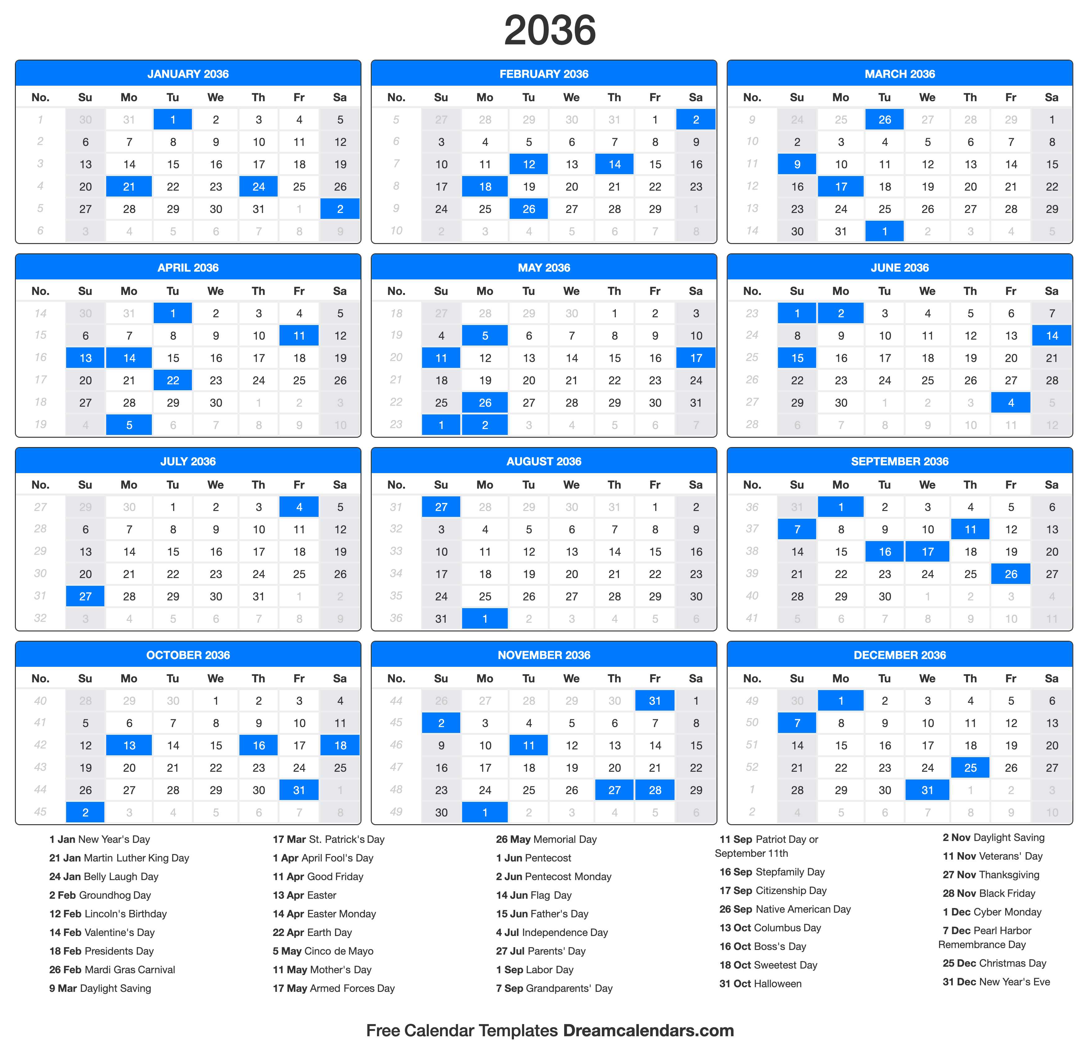 2036 Calendar