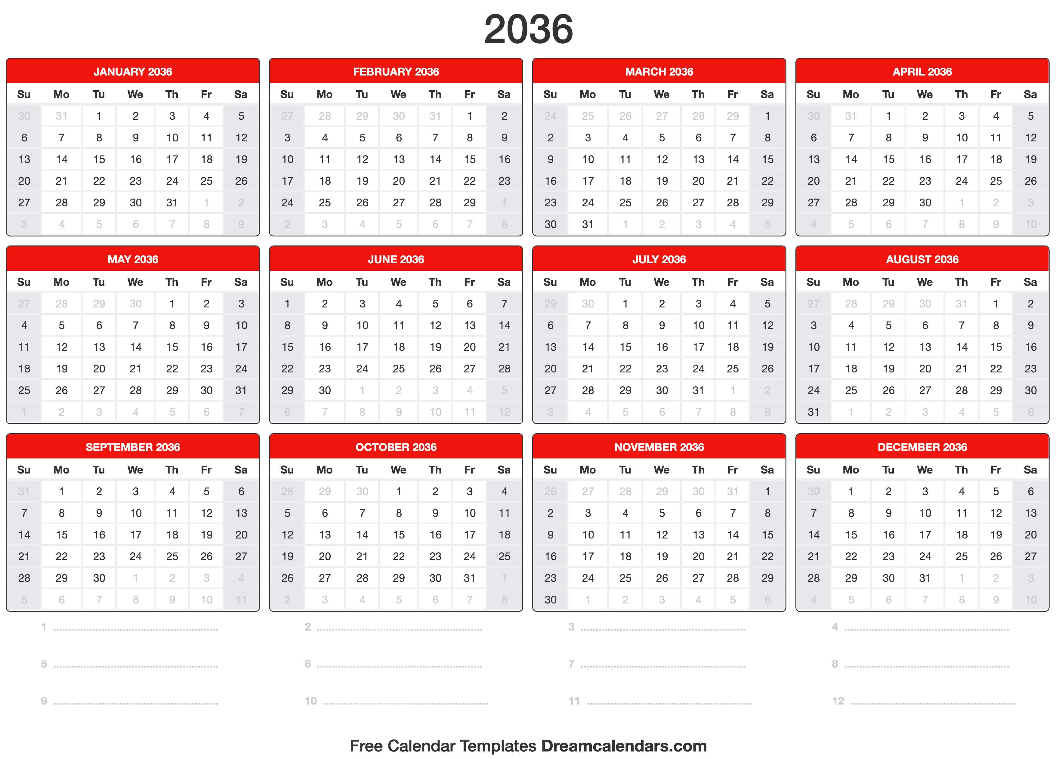2036 Calendar Template