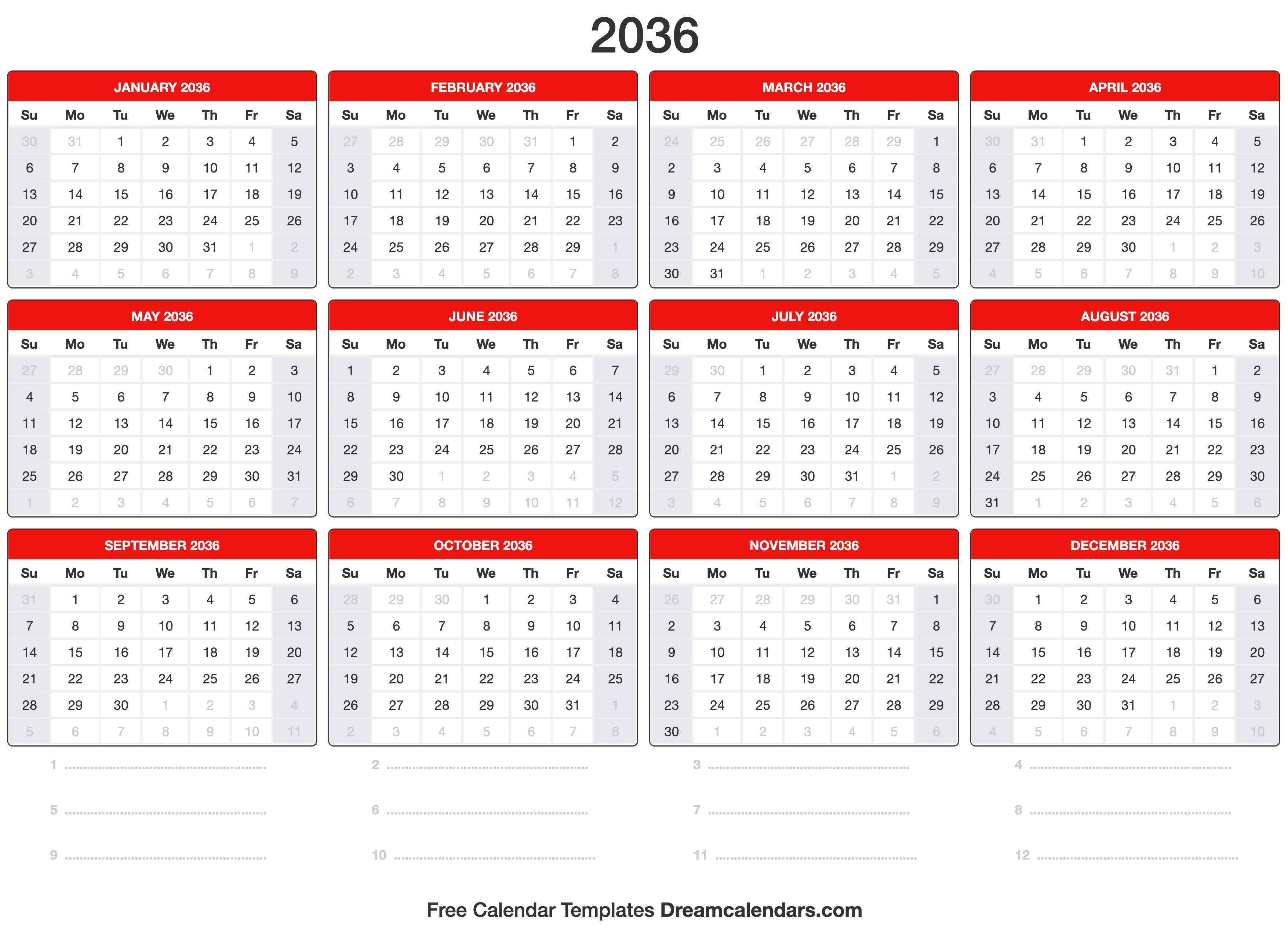 2036 Calendar
