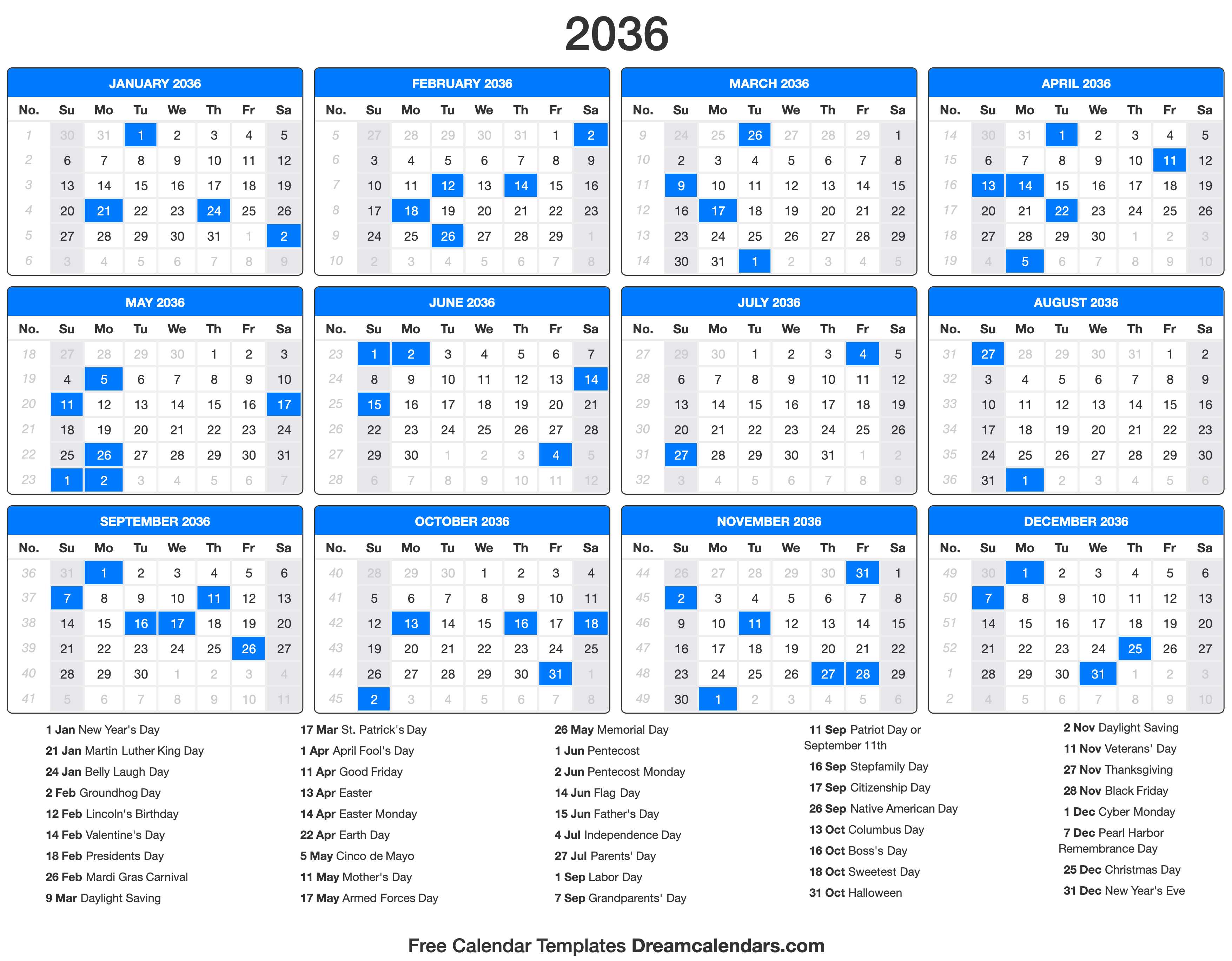 2036 Calendar with holidays