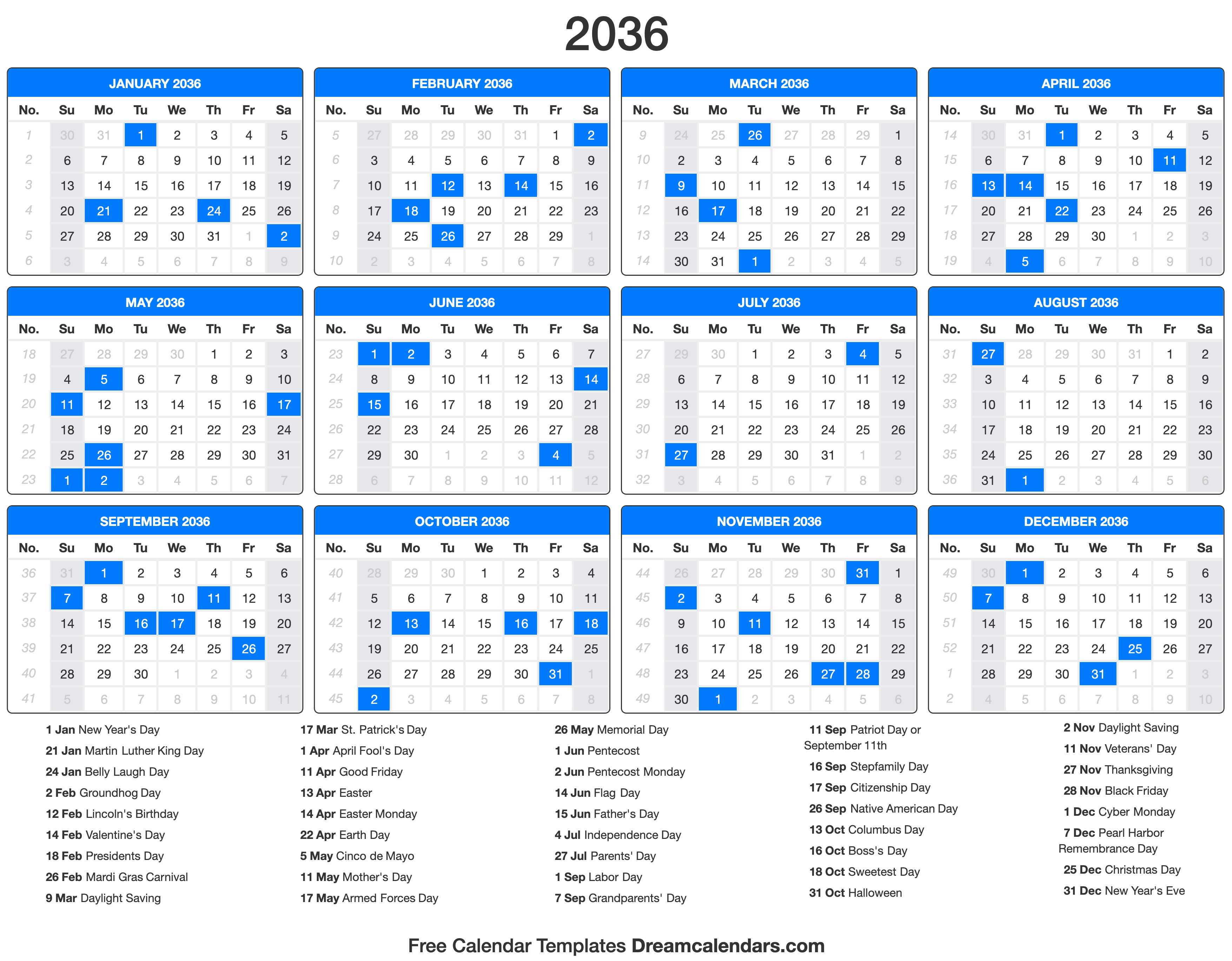 2036 Calendar