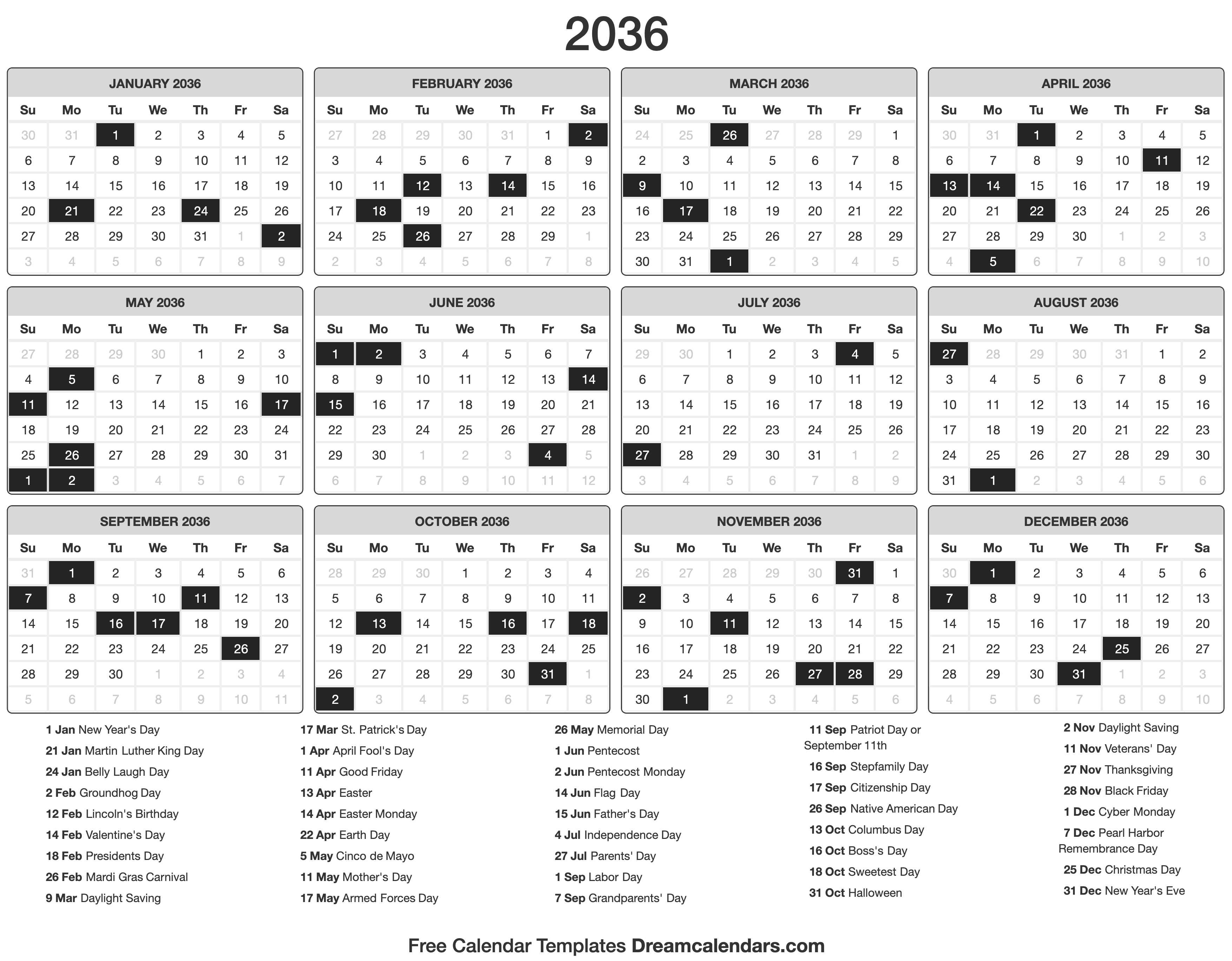 2036 Calendar