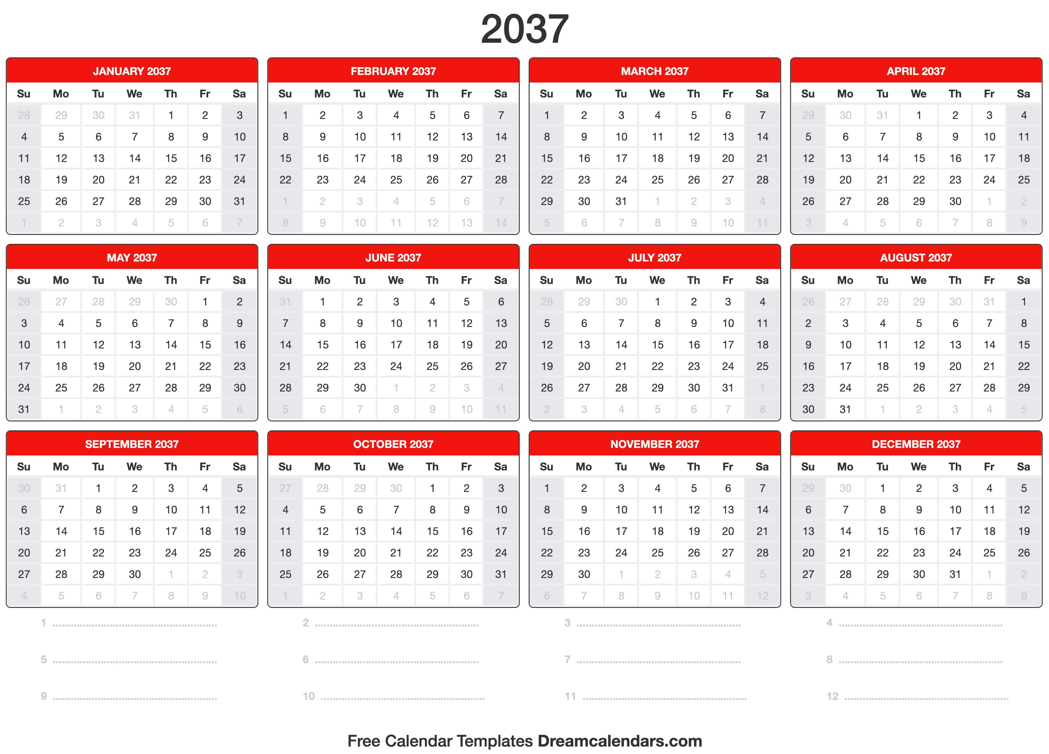 2037 Calendar Template