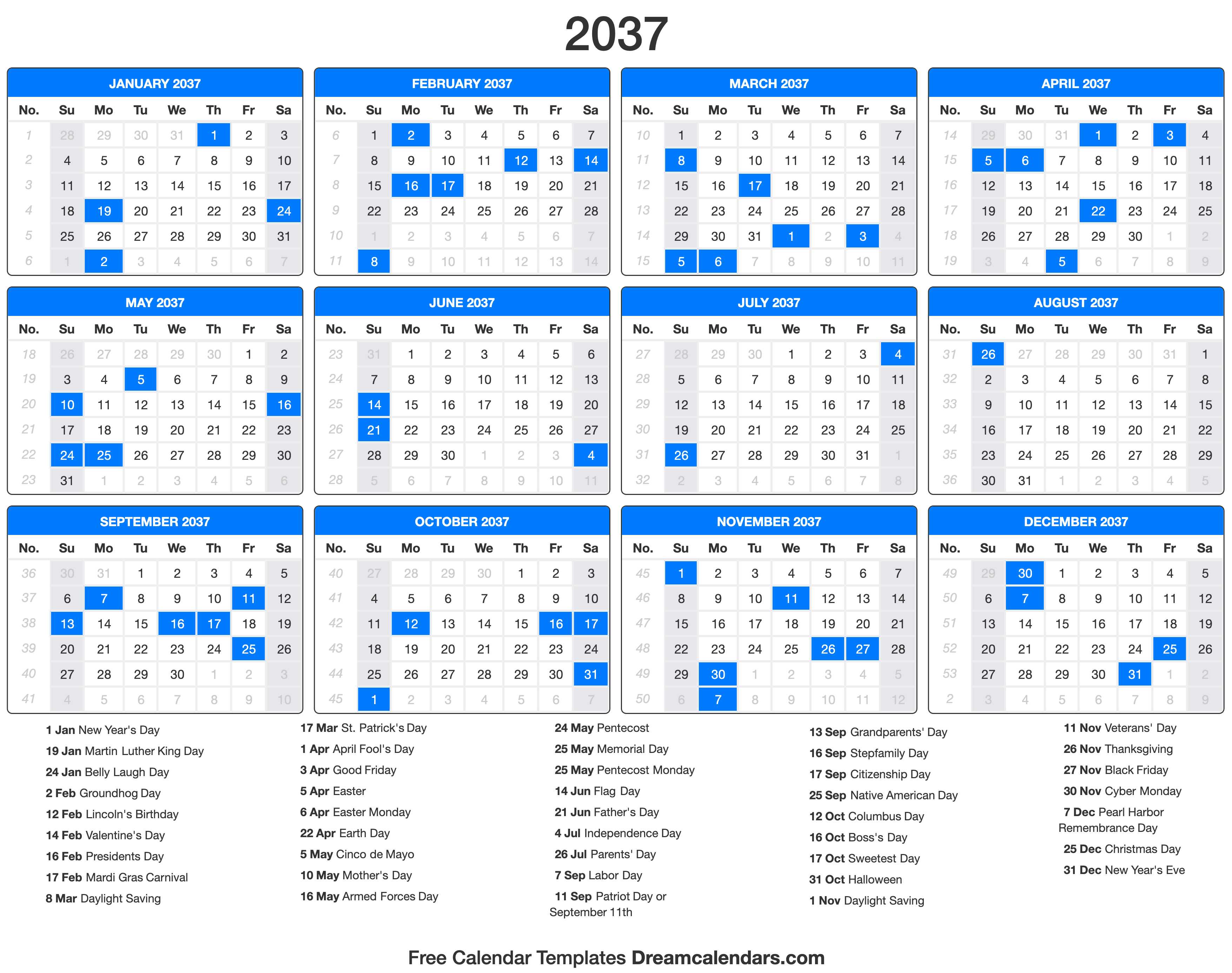 2037 Calendar with holidays