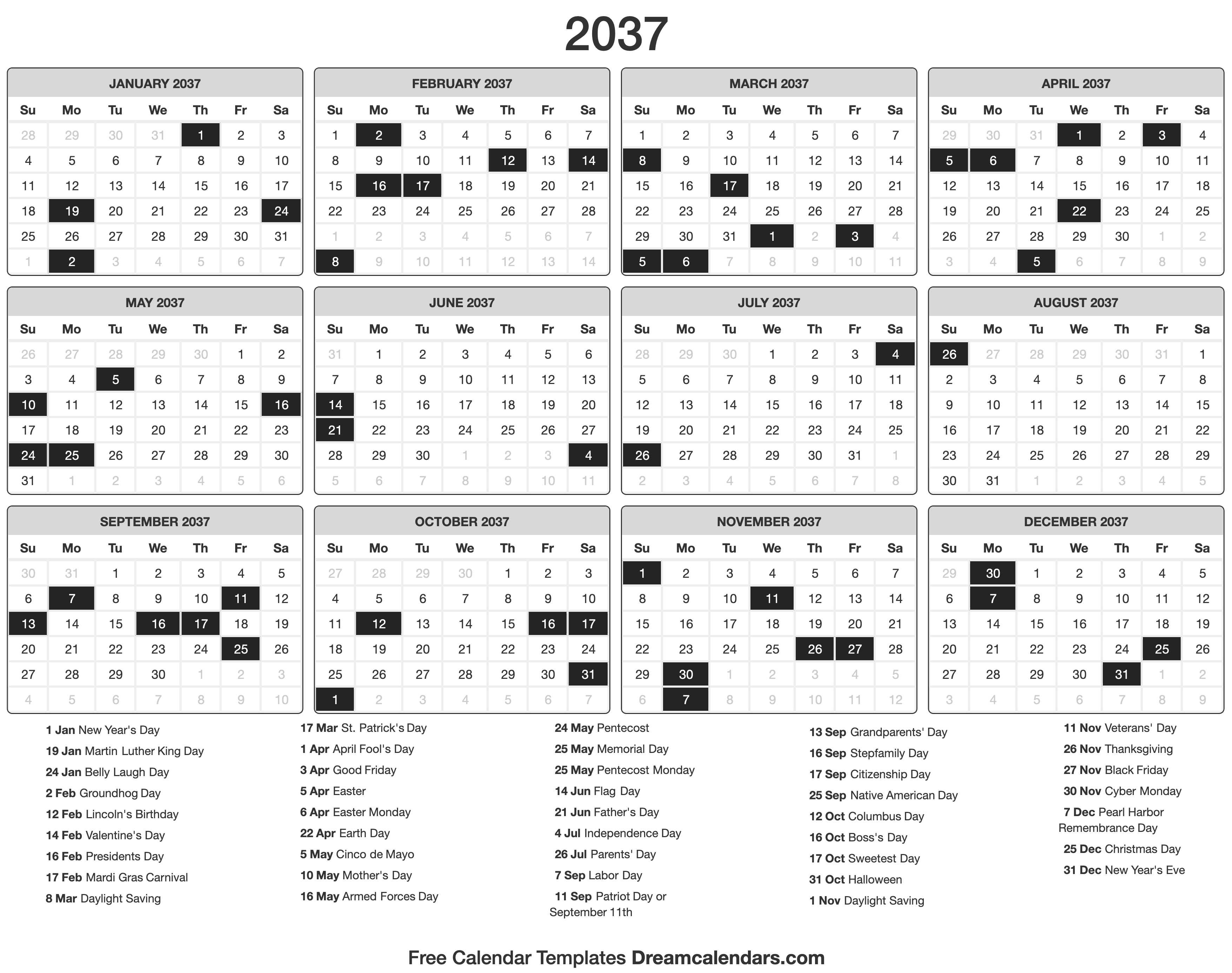 2037 Calendar