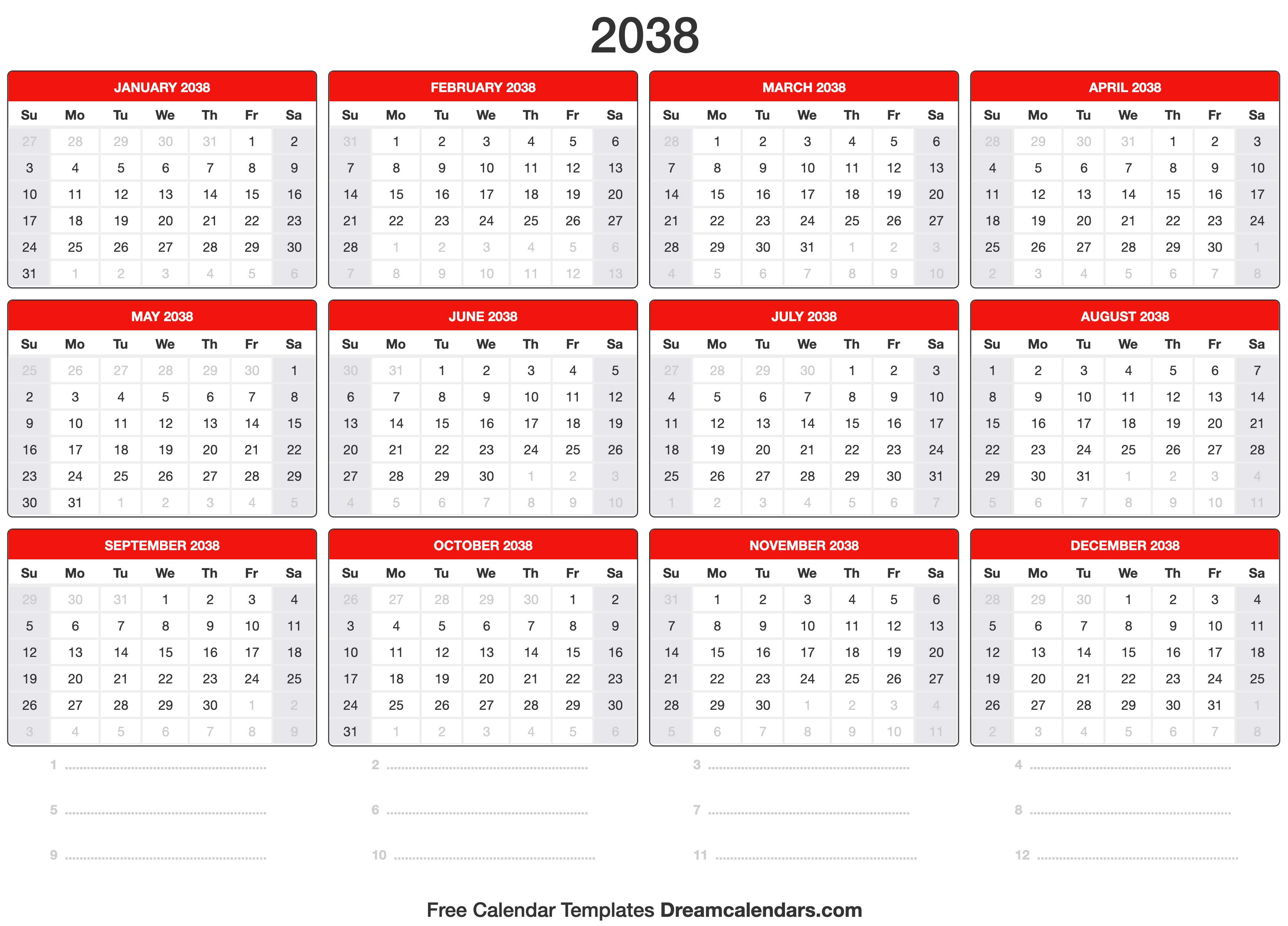 2038 Calendar Template