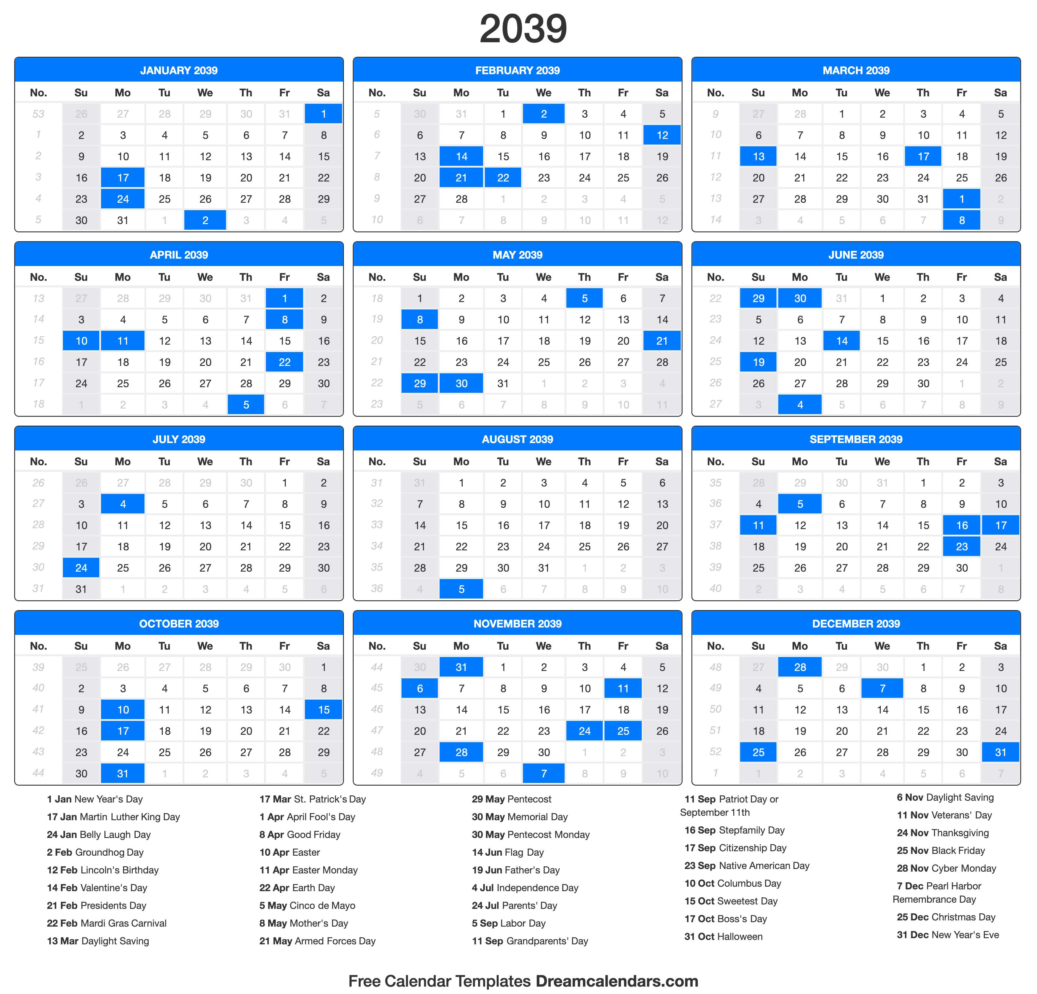 2039 Calendar (Portrait)