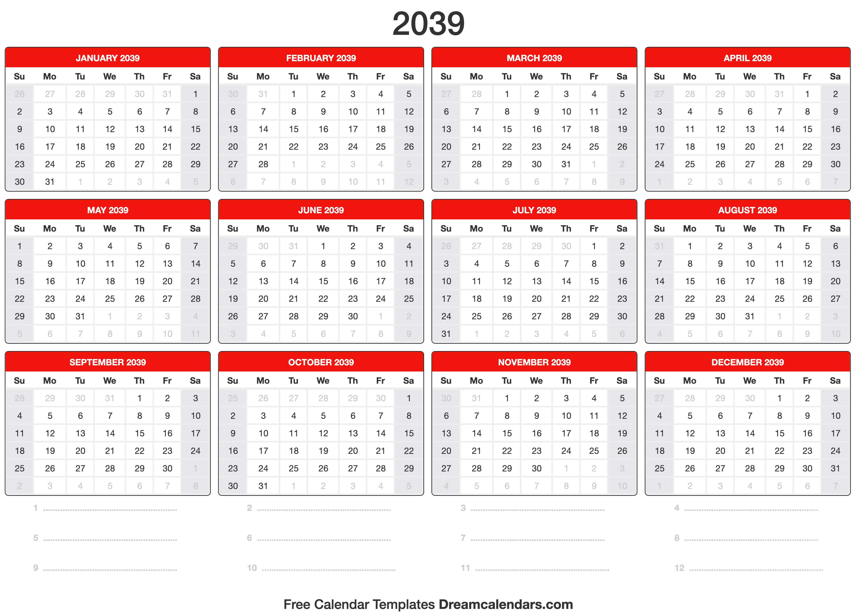 2039 Calendar Template