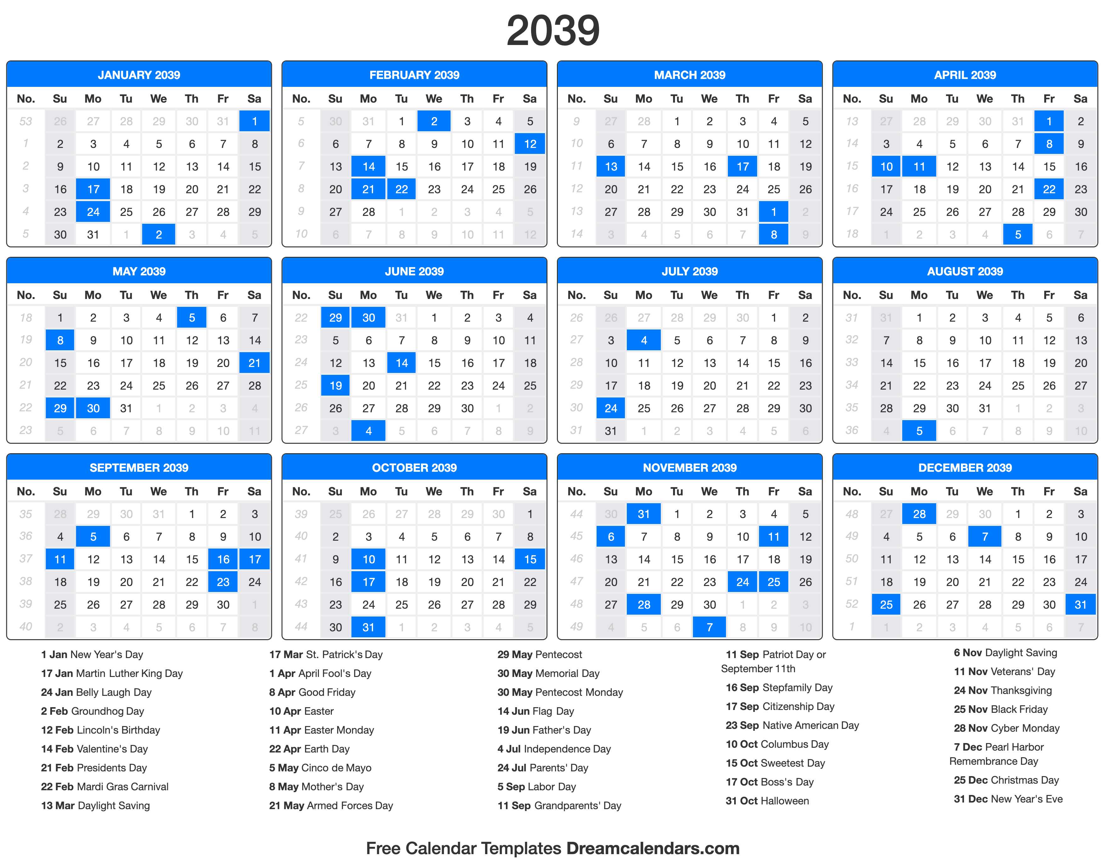 2039 Calendar with holidays