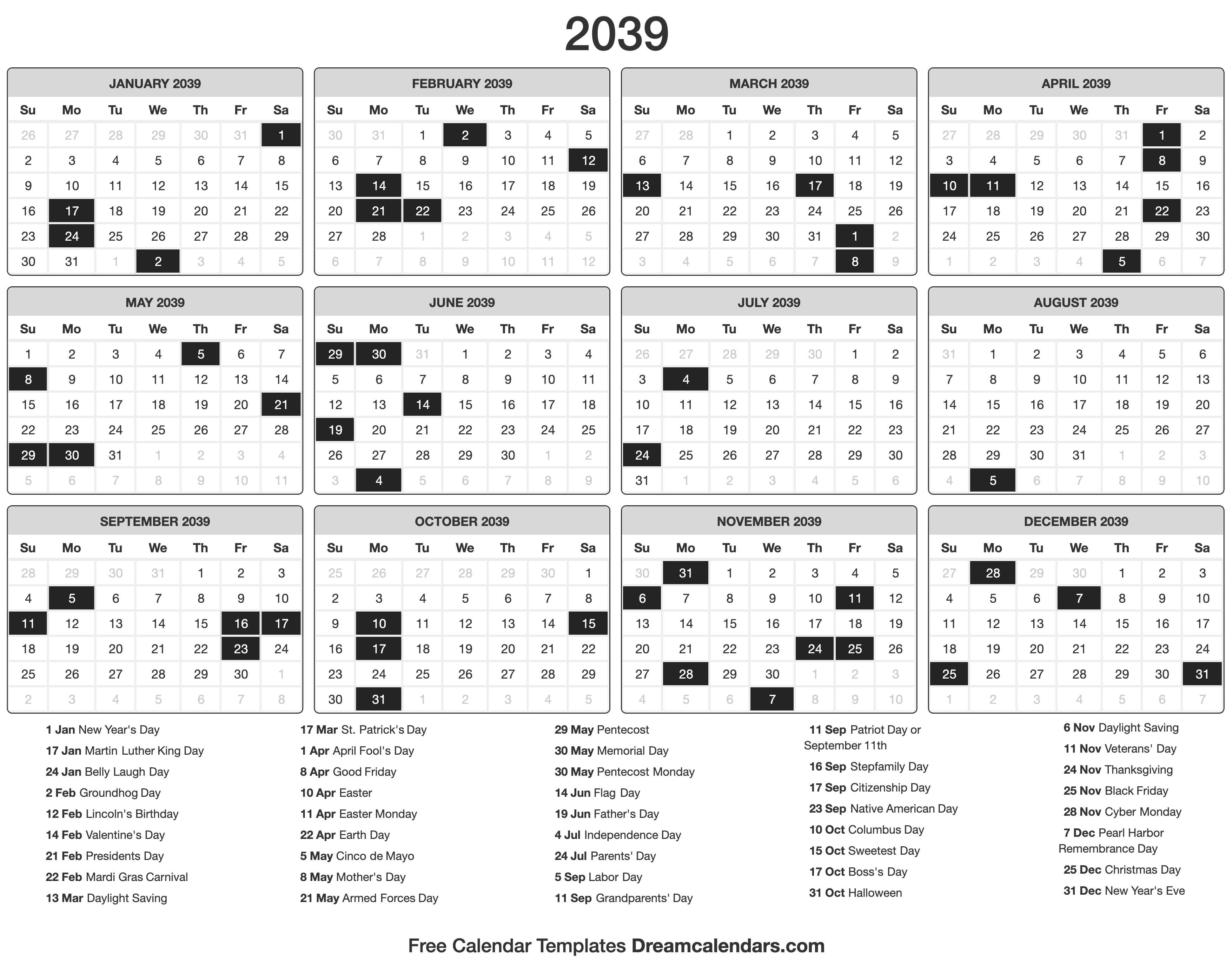 2039 Calendar