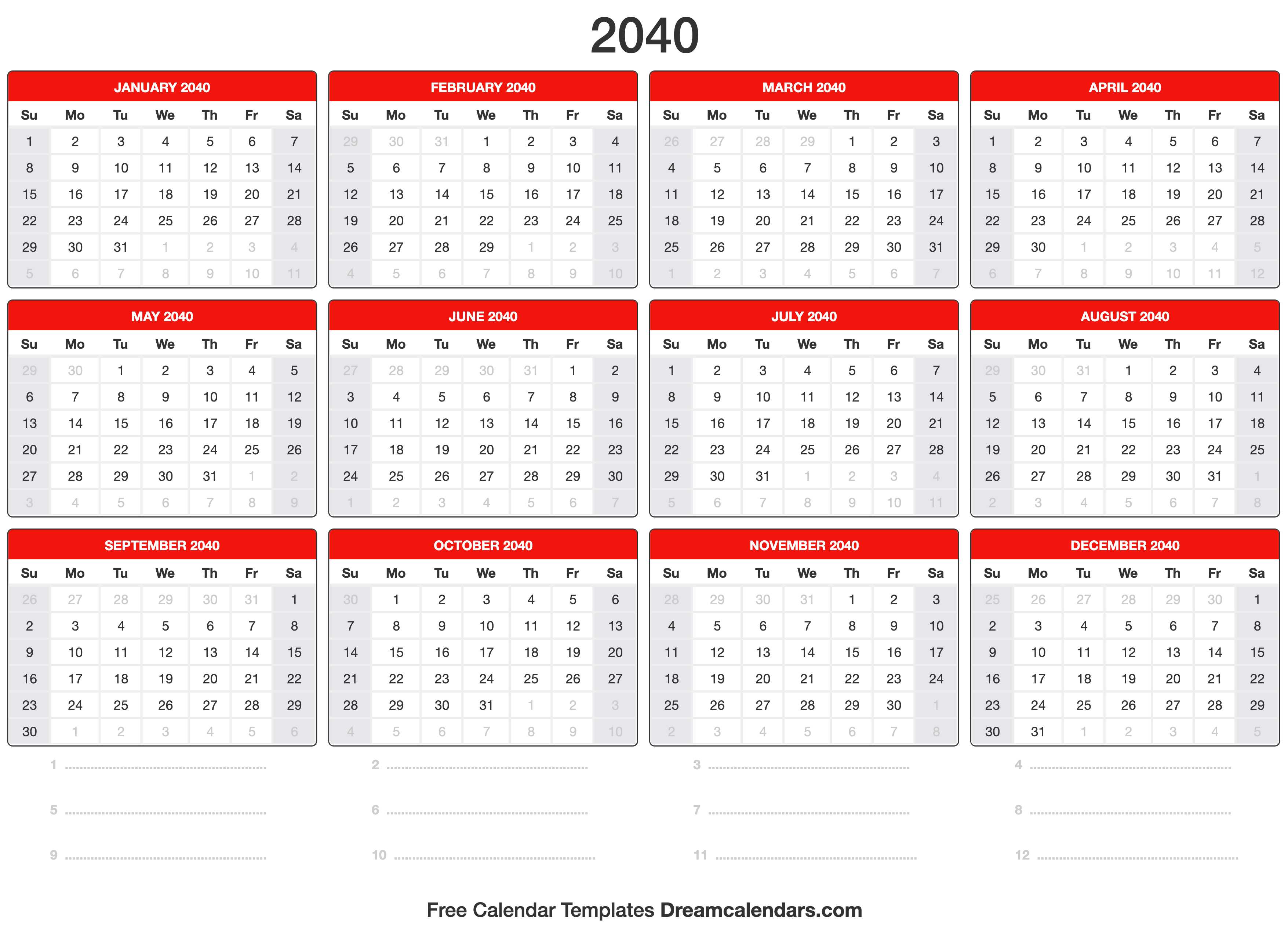 2040 Calendar Template