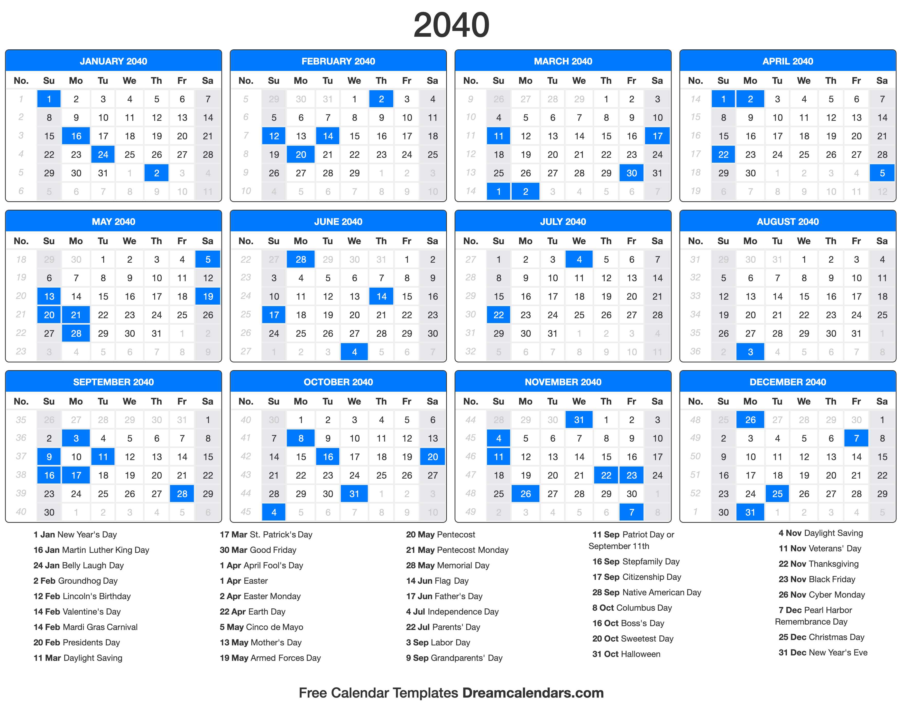 2040 Calendar with holidays