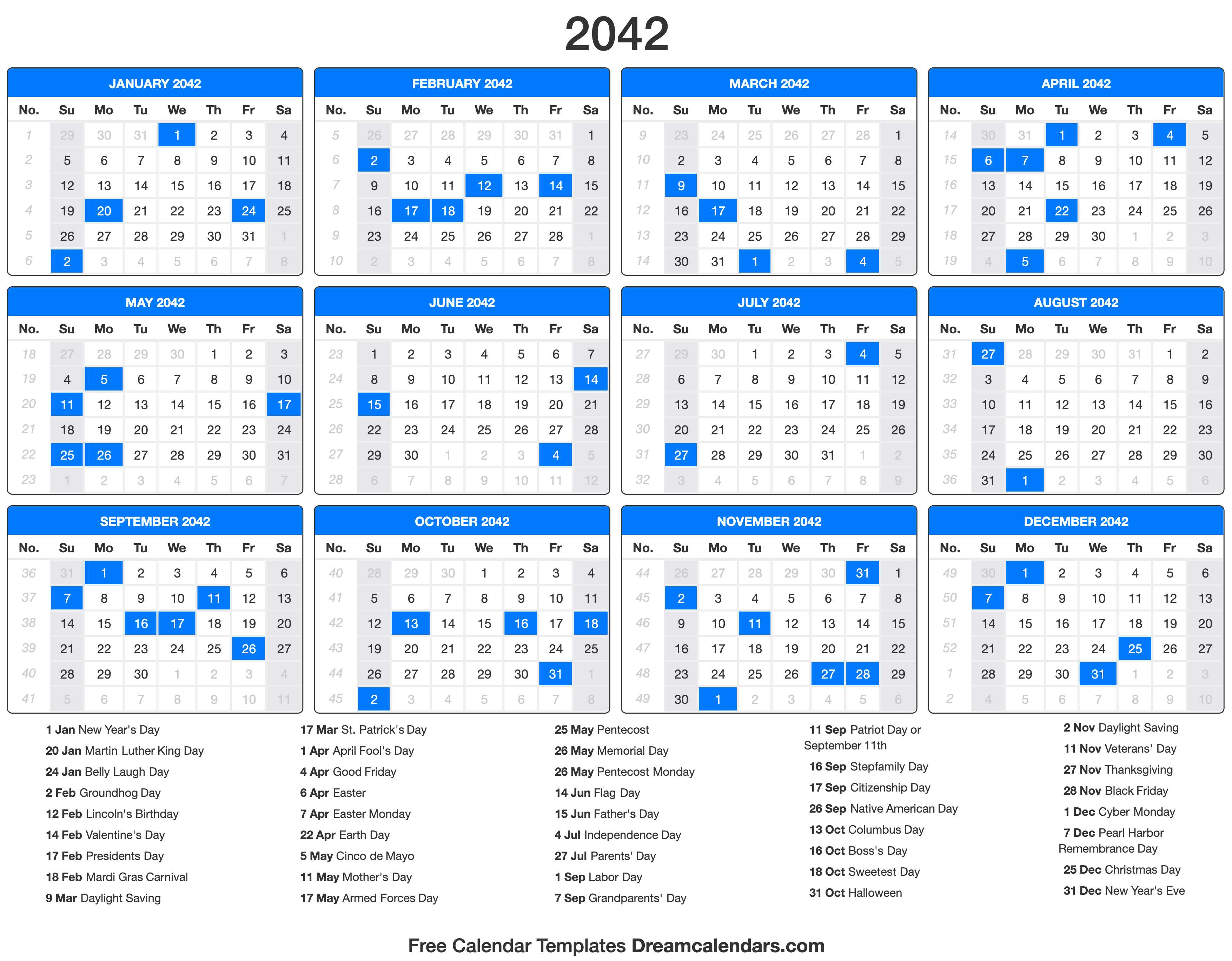 2042 Calendar with holidays