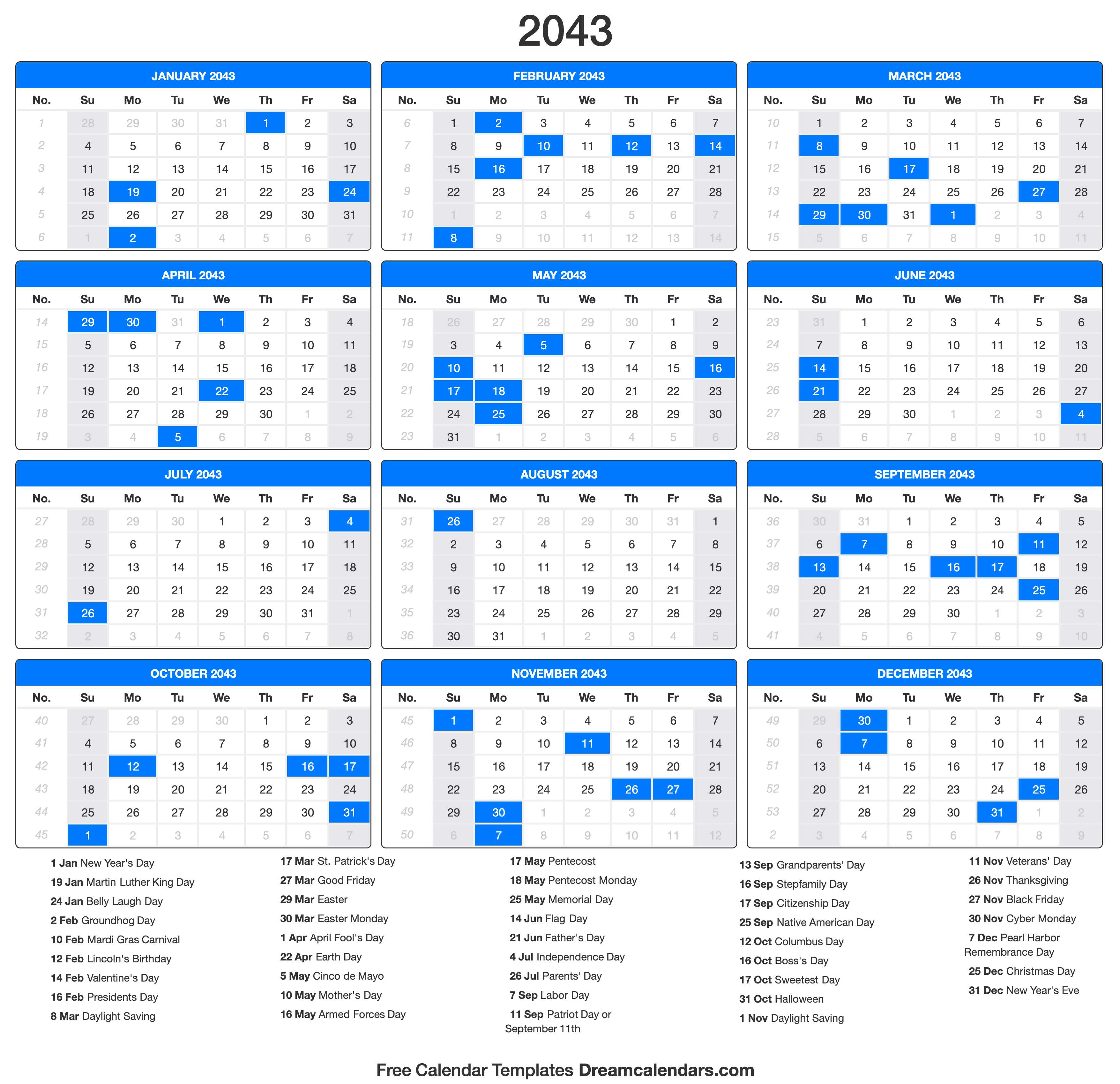2043 Calendar