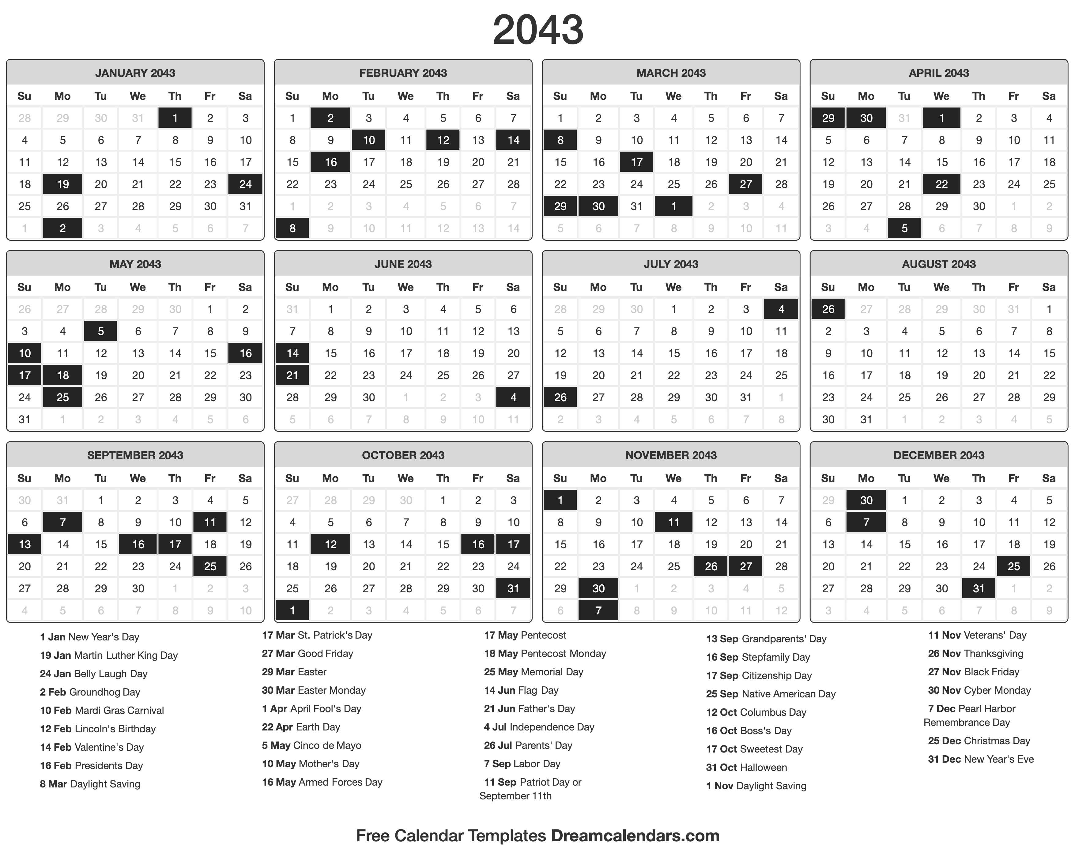 2043 Calendar