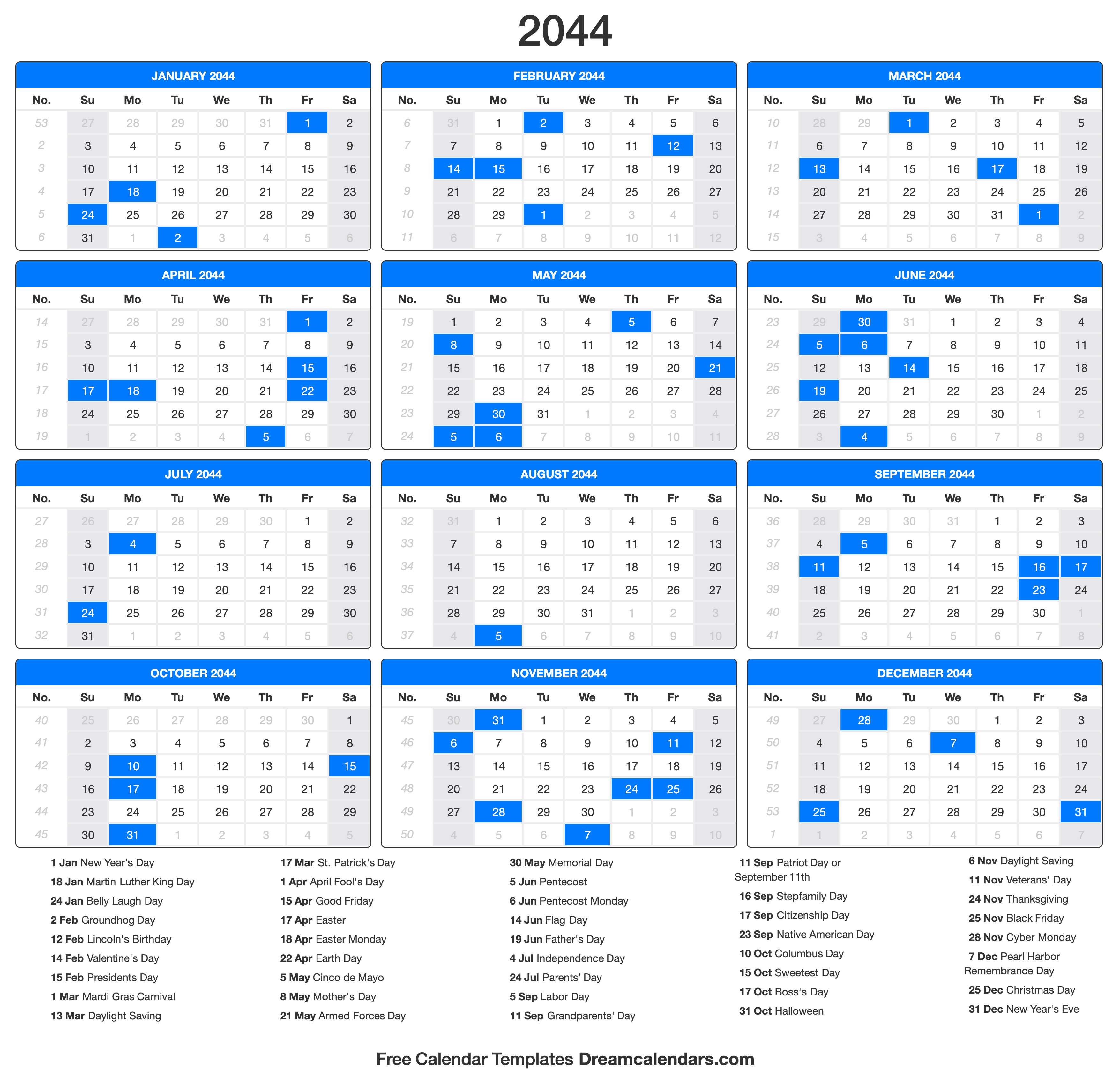 2044 Calendar
