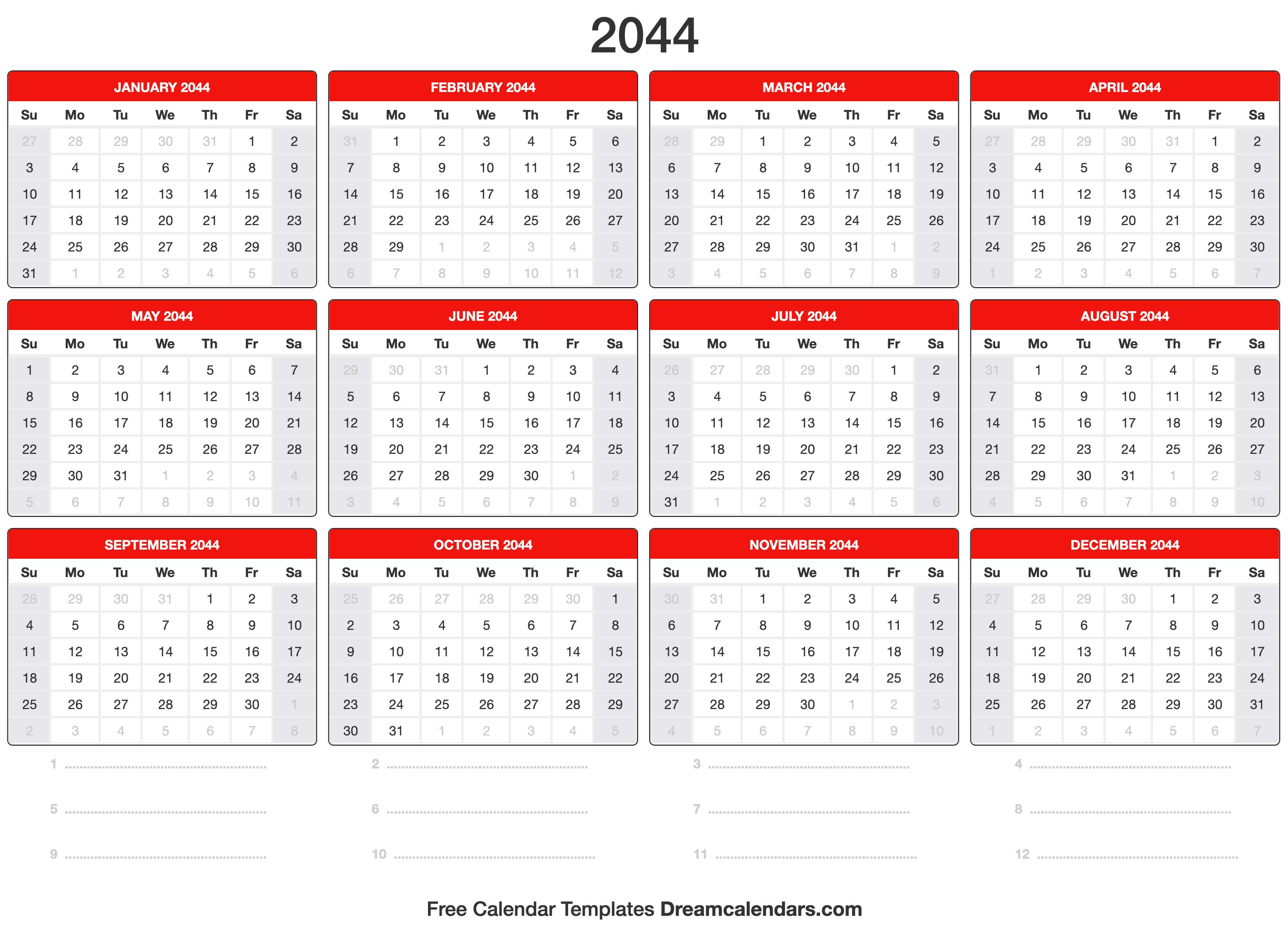 2044 Calendar Template