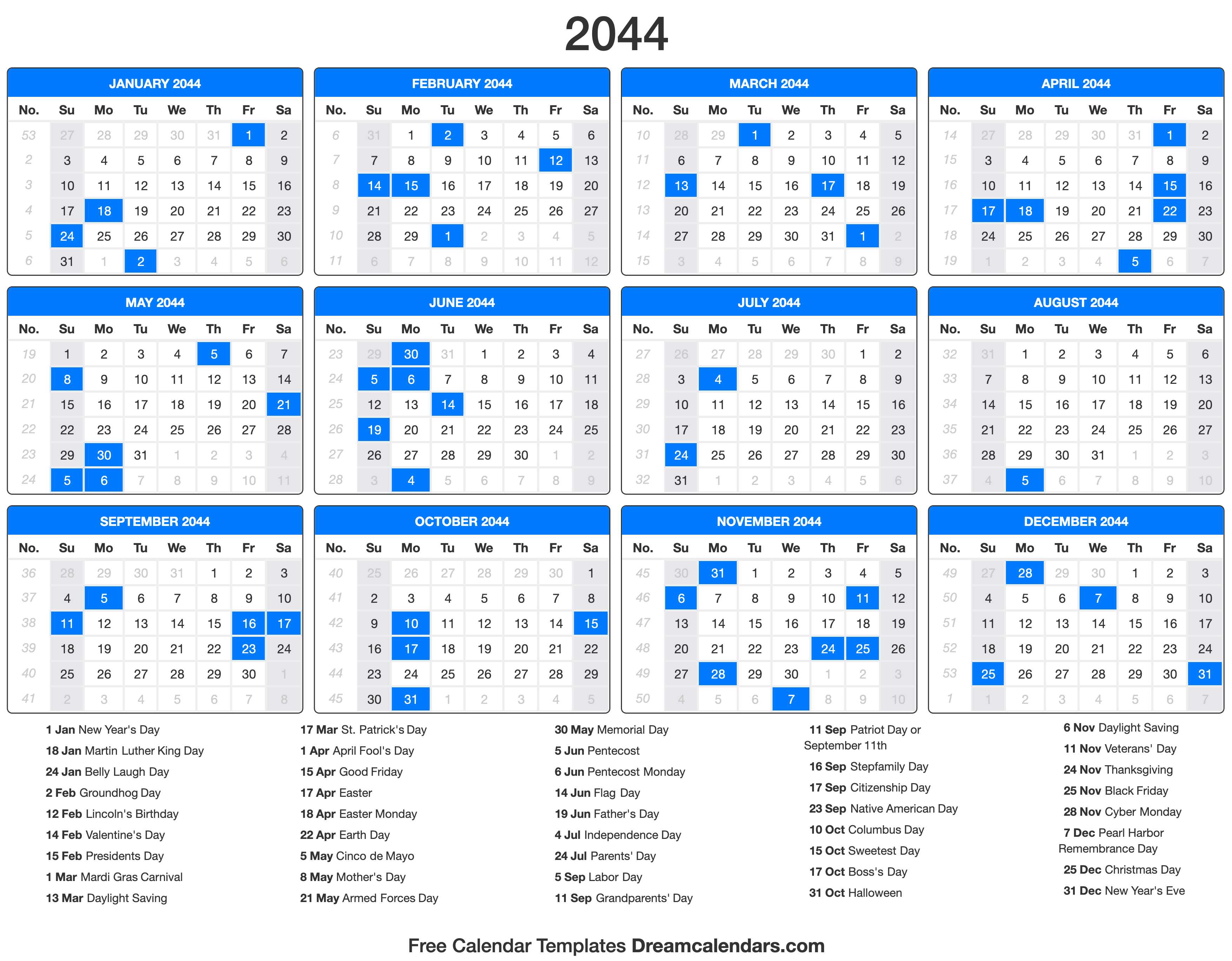 2044 Calendar with holidays