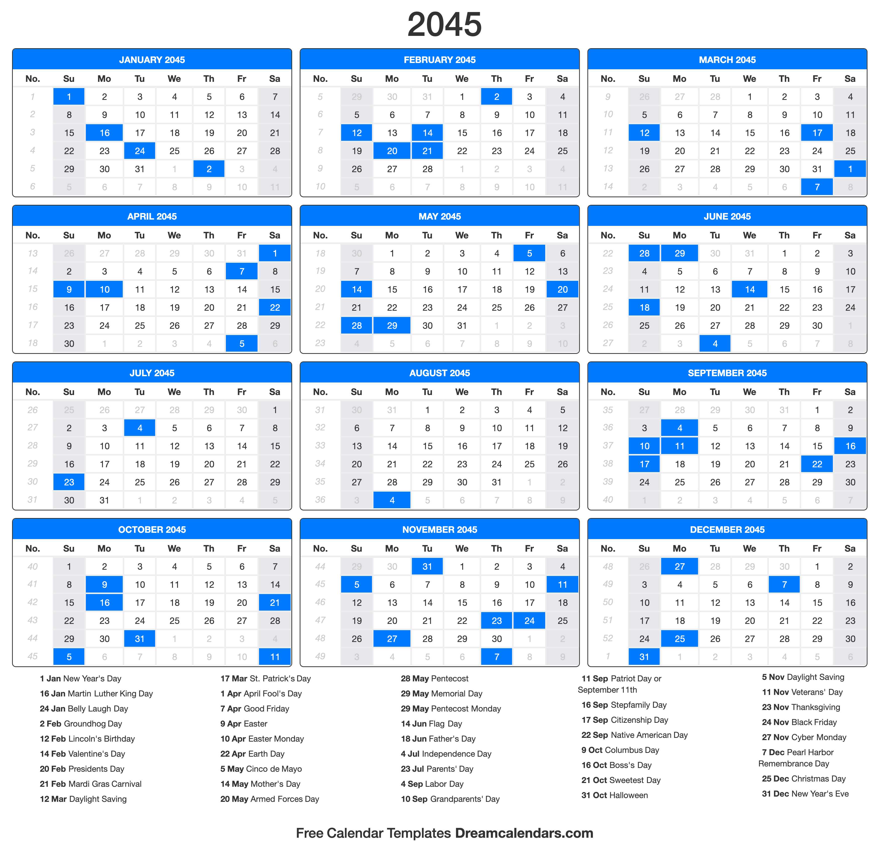 2045 Calendar