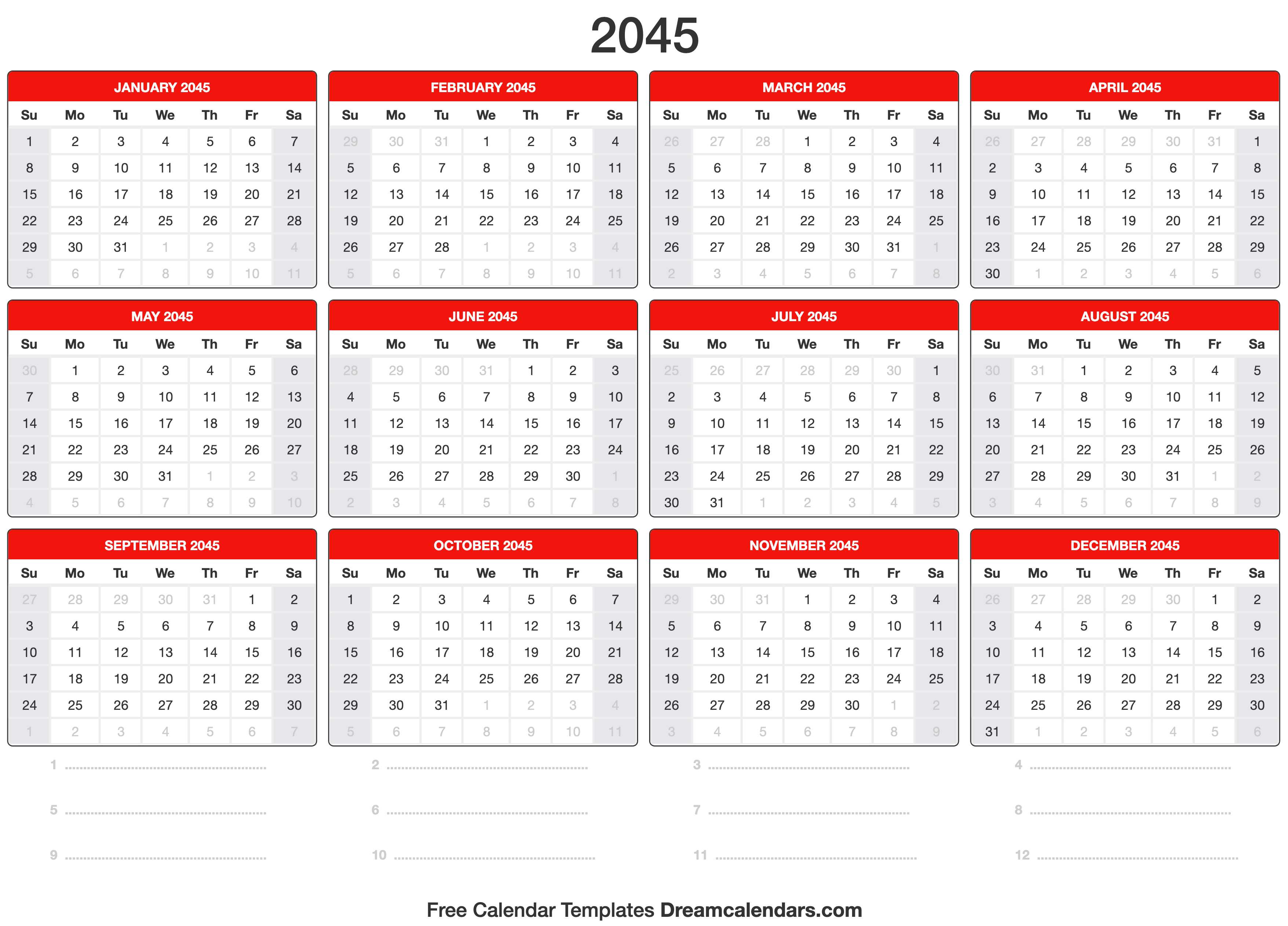 2045 Calendar Template