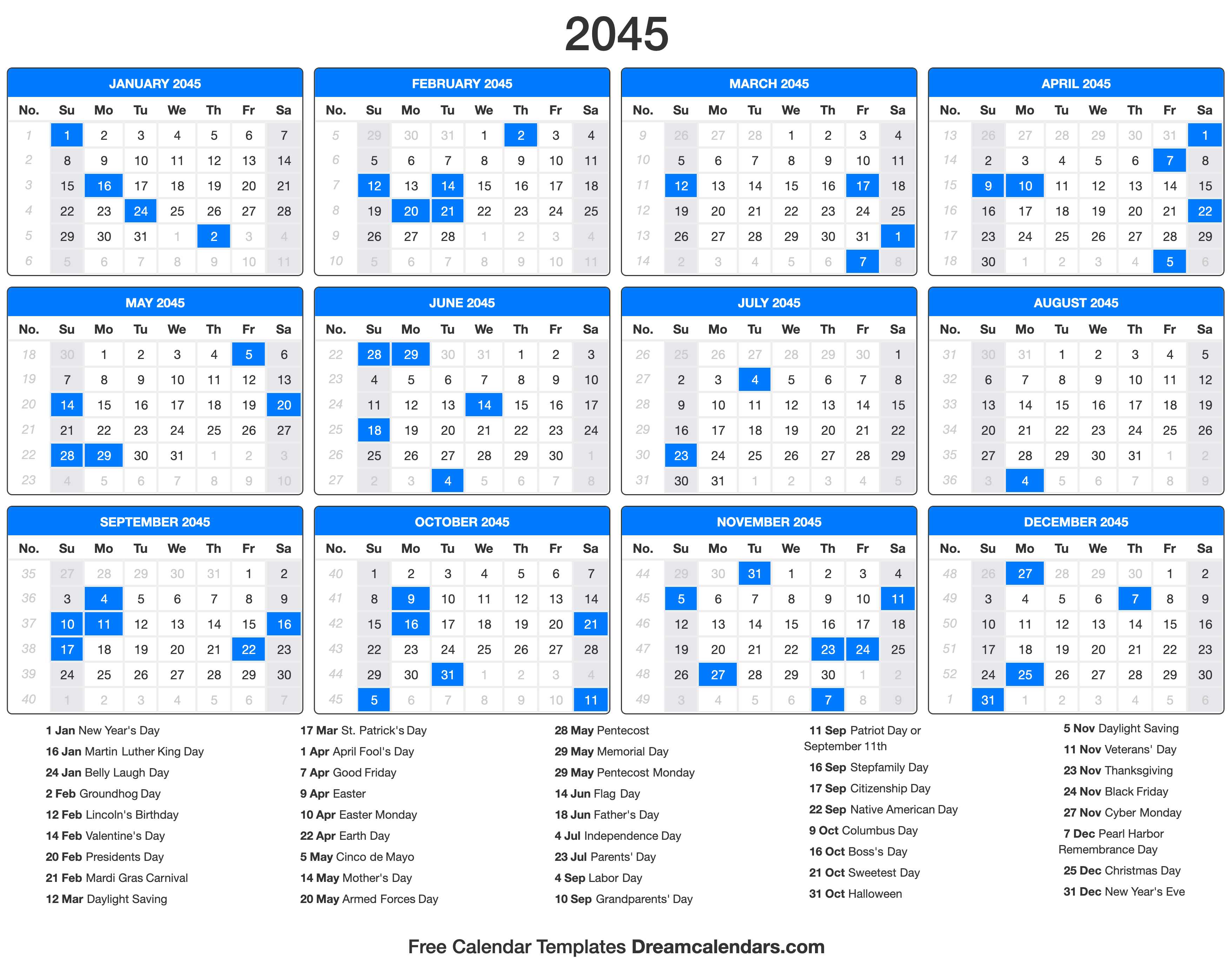 2045 Calendar