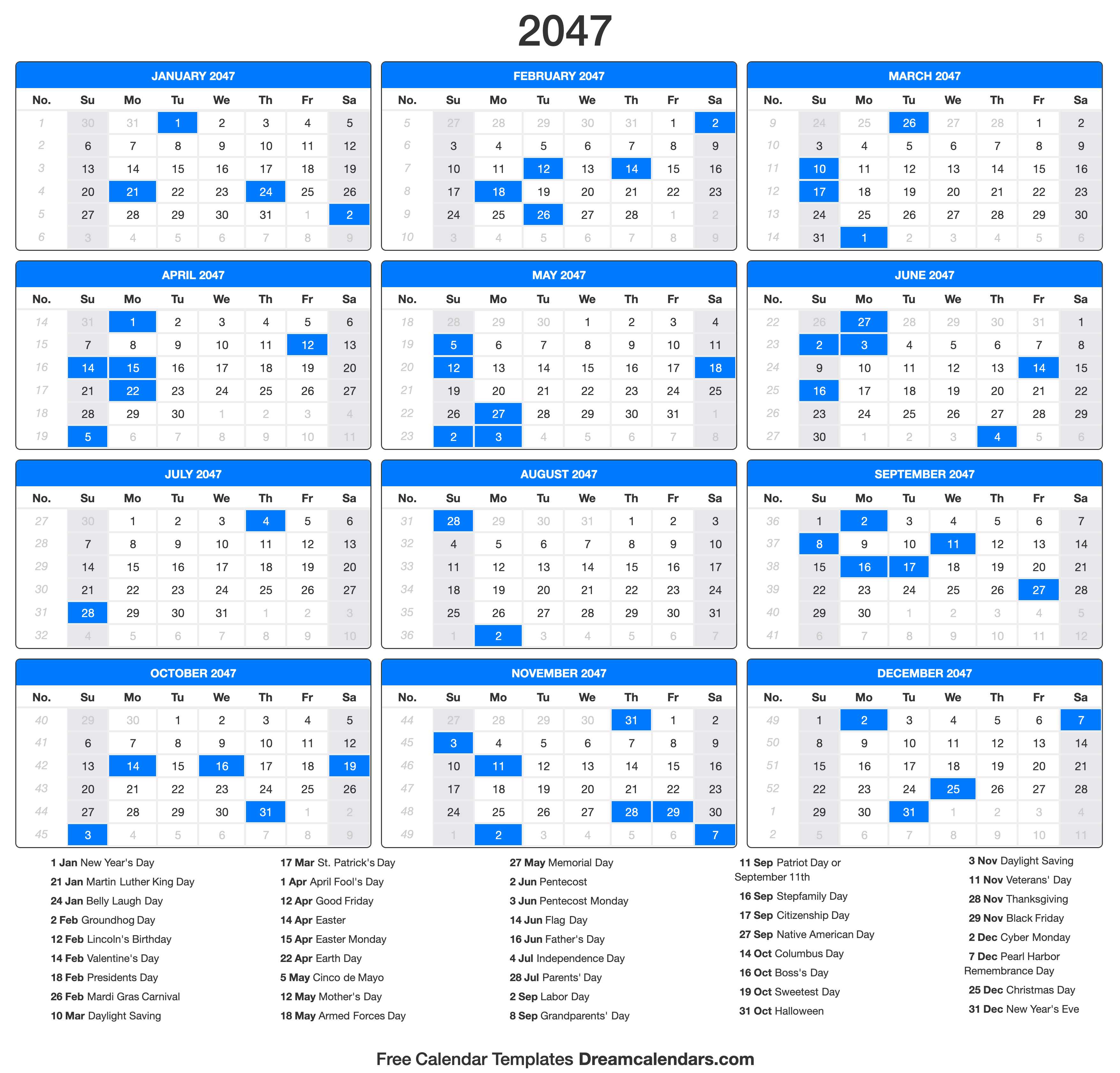 2047 Calendar