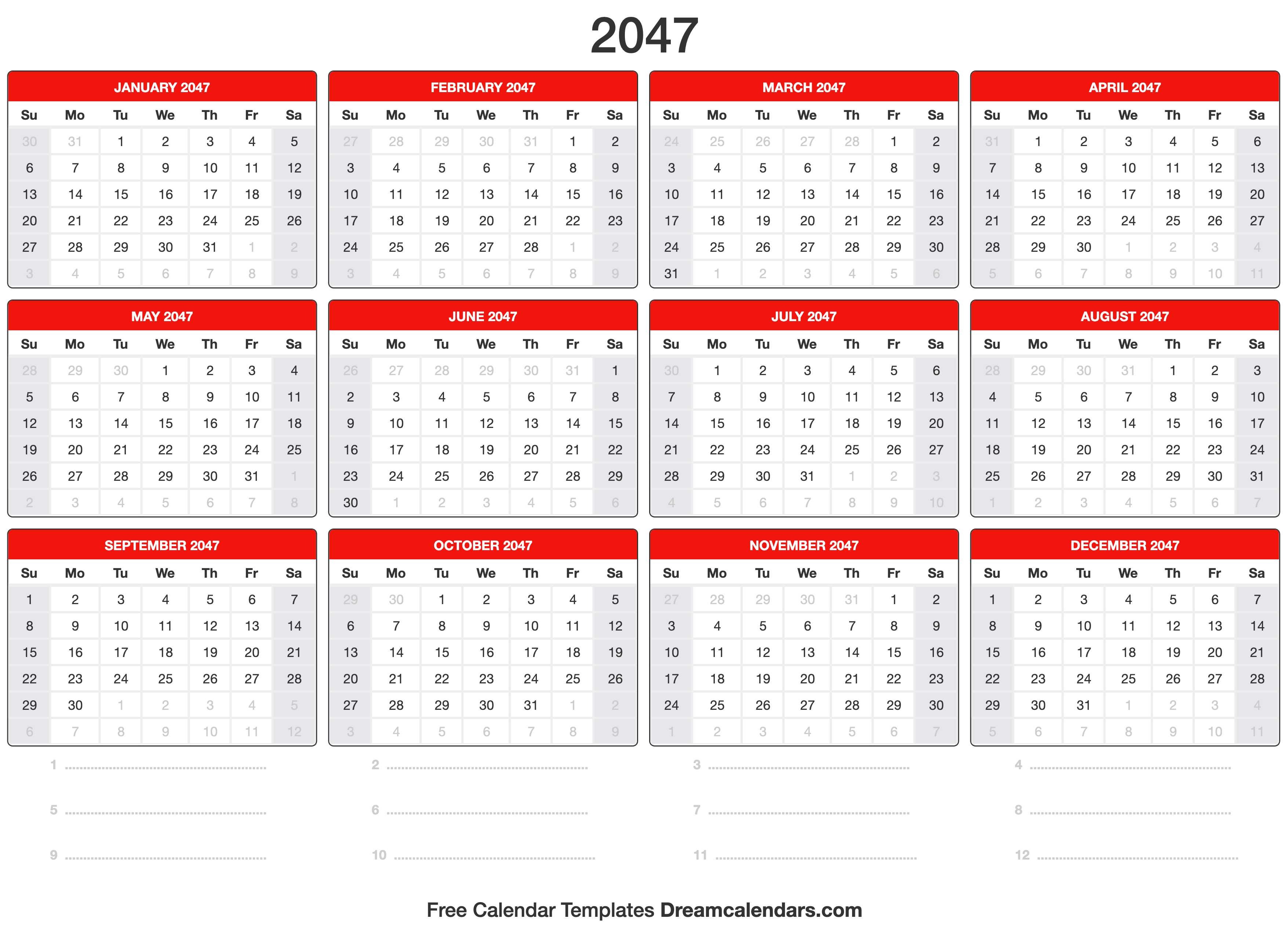 2047 Calendar Template