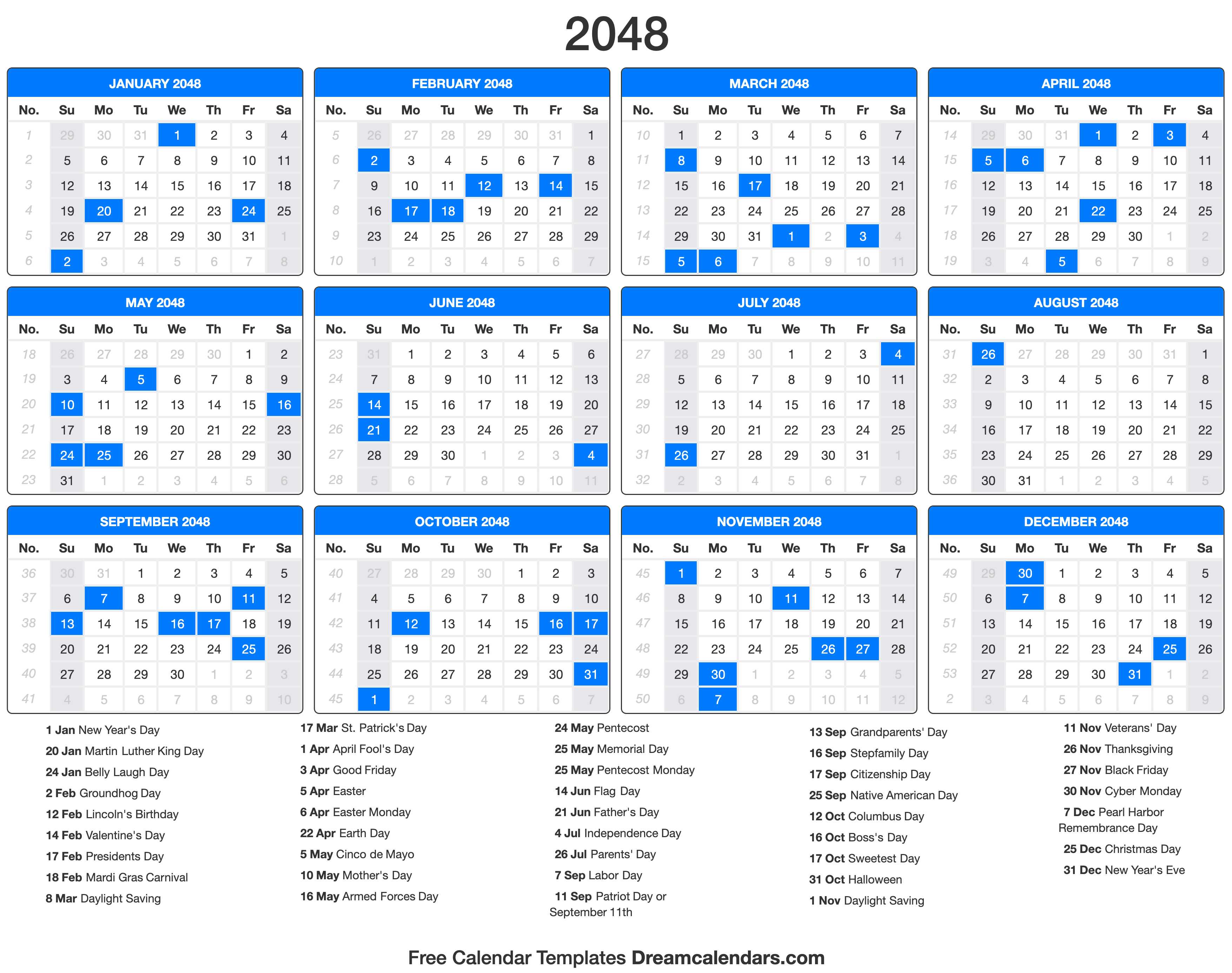 2048 Calendar with holidays