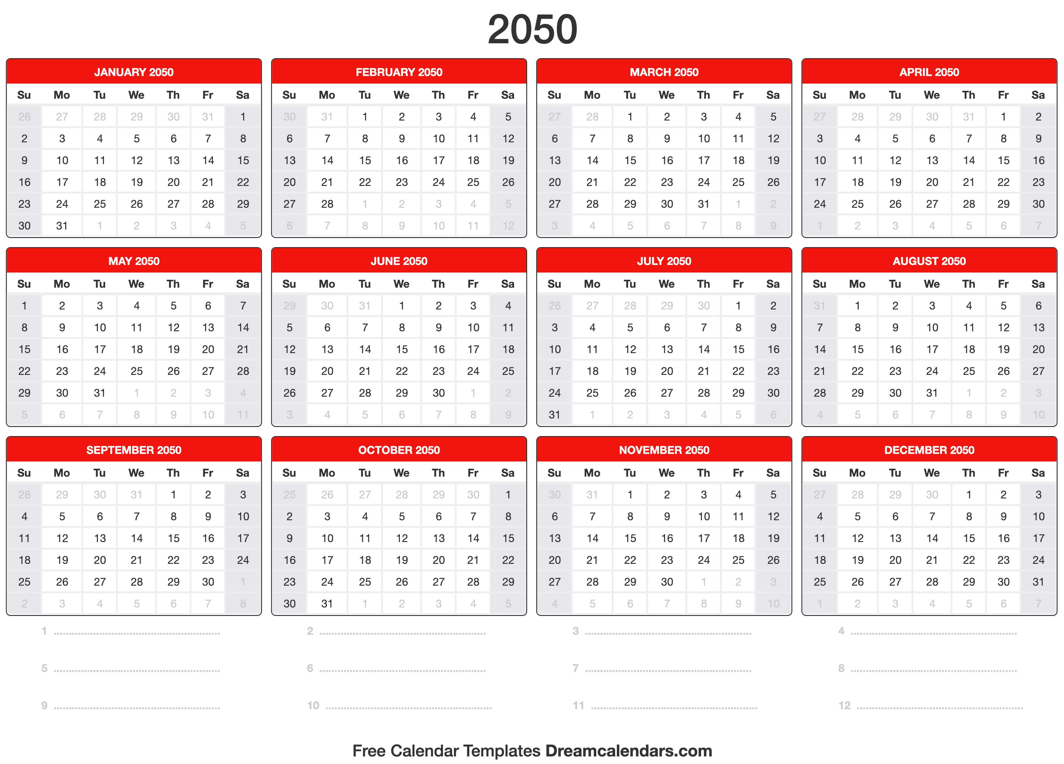 2050 Calendar Template