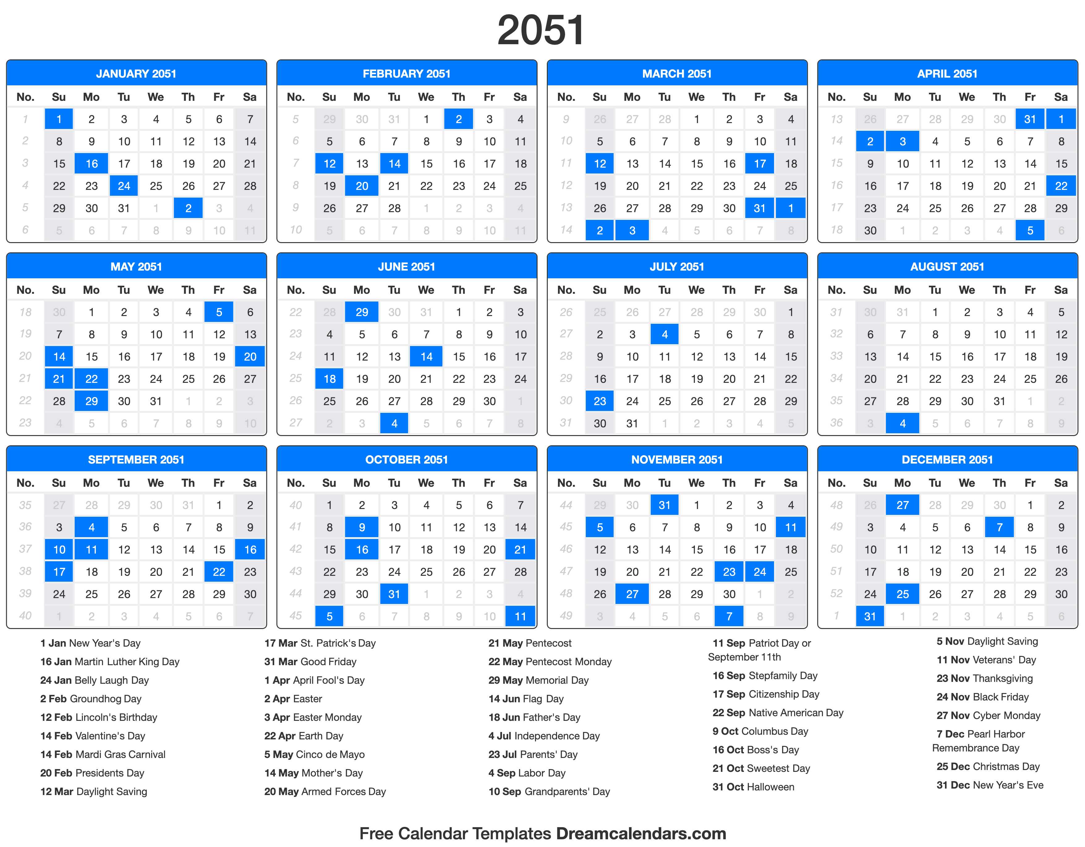 2051 Calendar with holidays