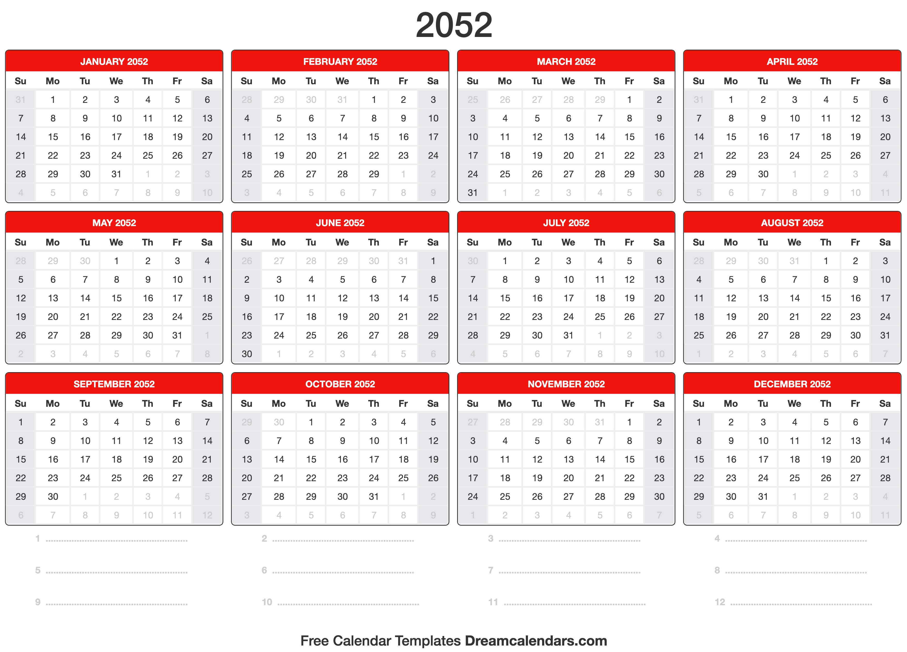 2052 Calendar Template