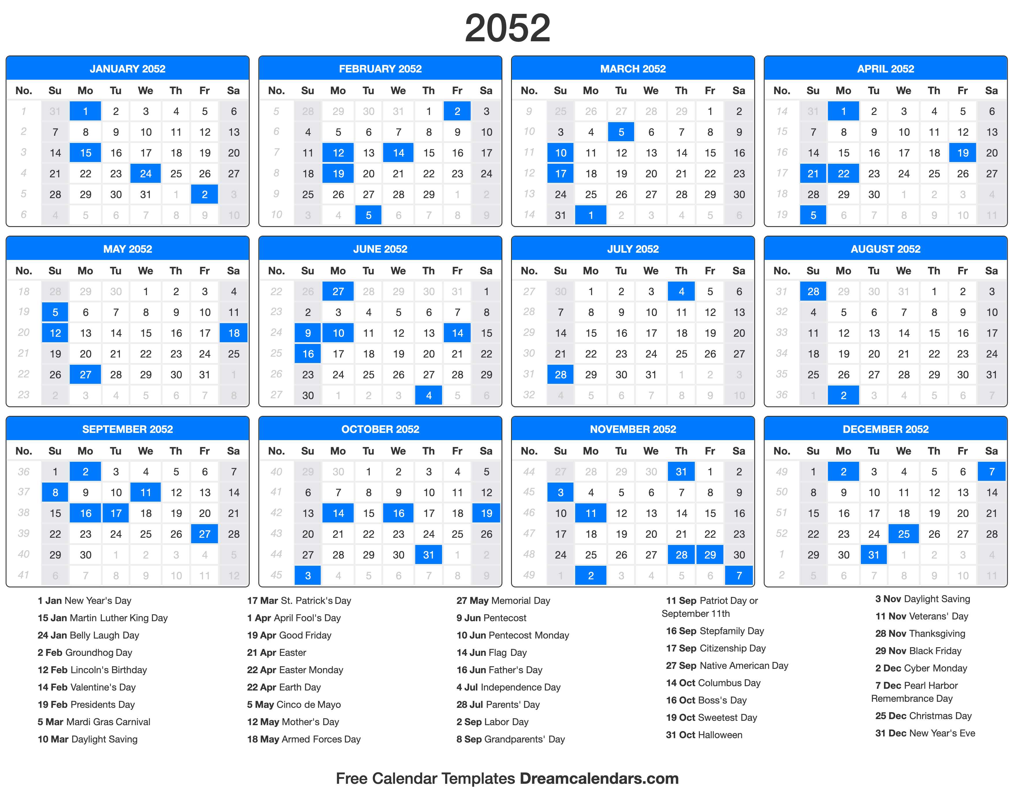 2052 Calendar with holidays