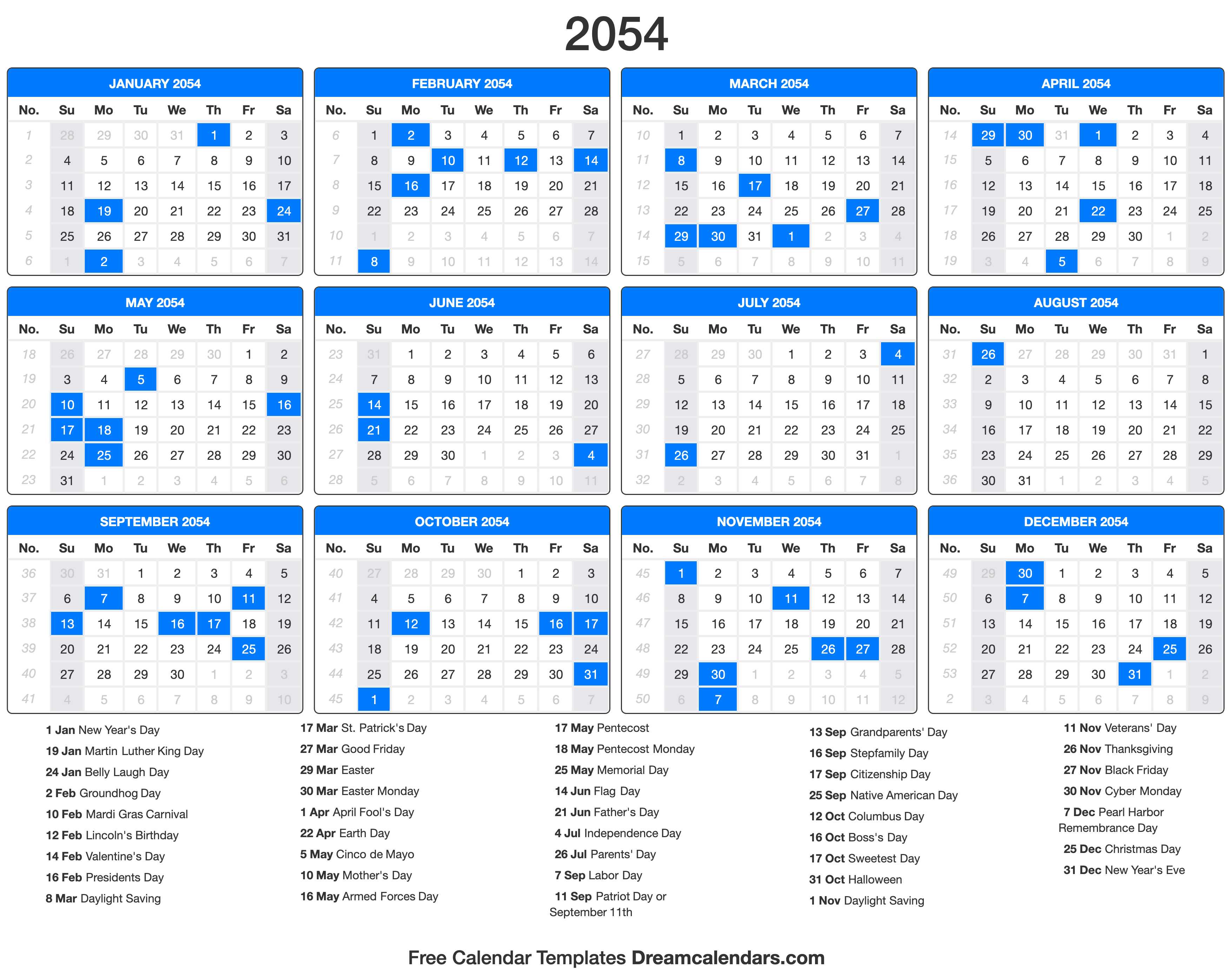 2054 Calendar with holidays