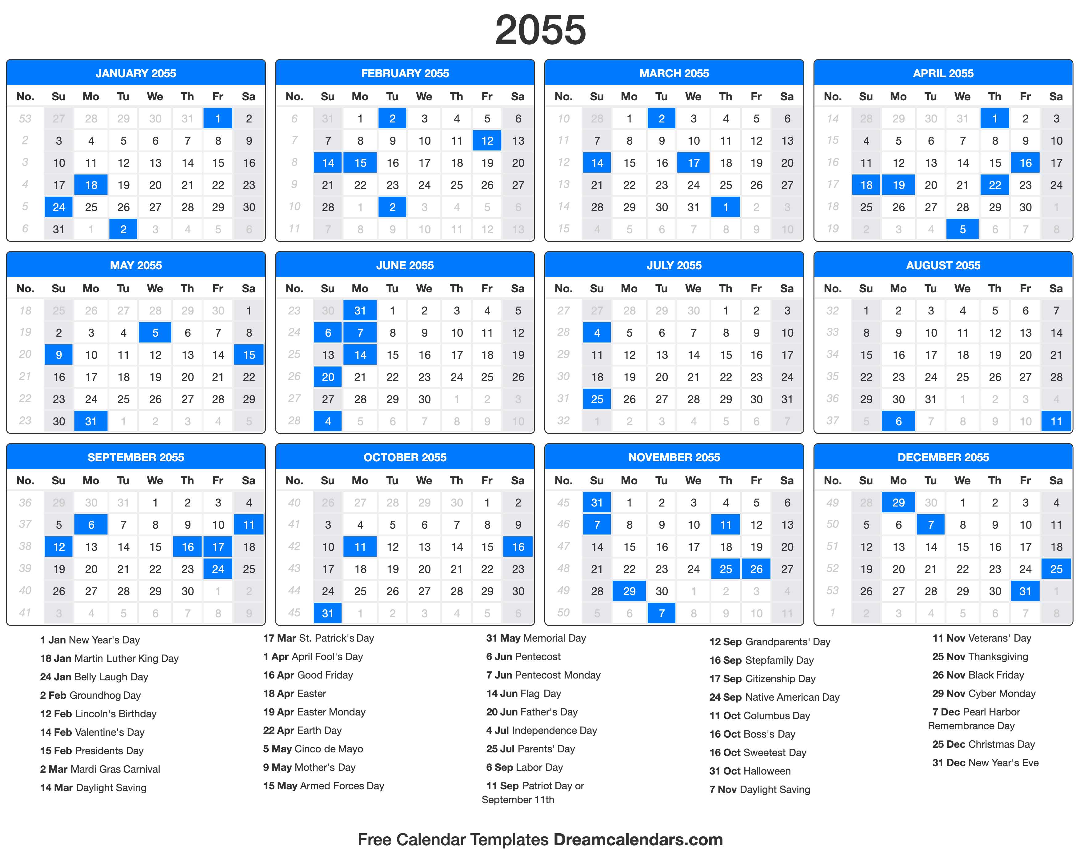 2055 Calendar with holidays