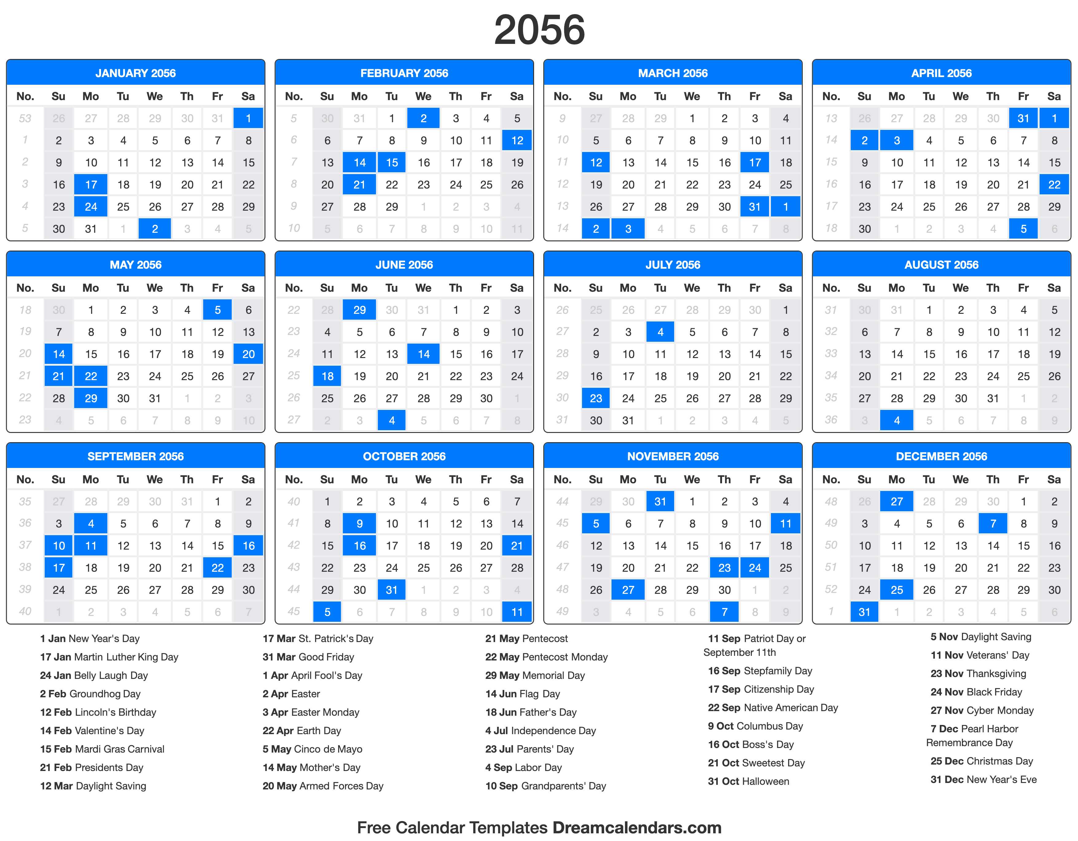 2056 Calendar with holidays