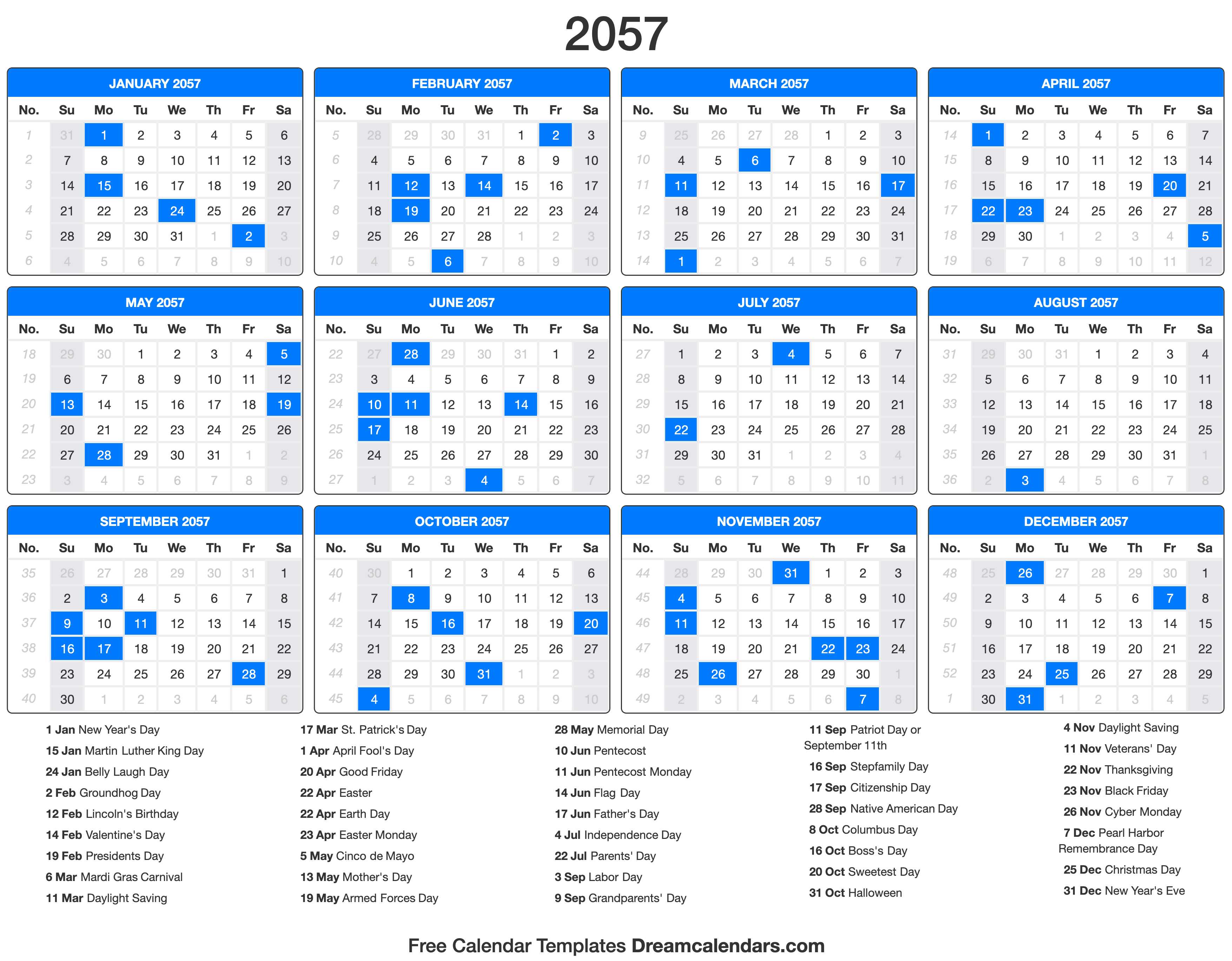 2057 Calendar with holidays