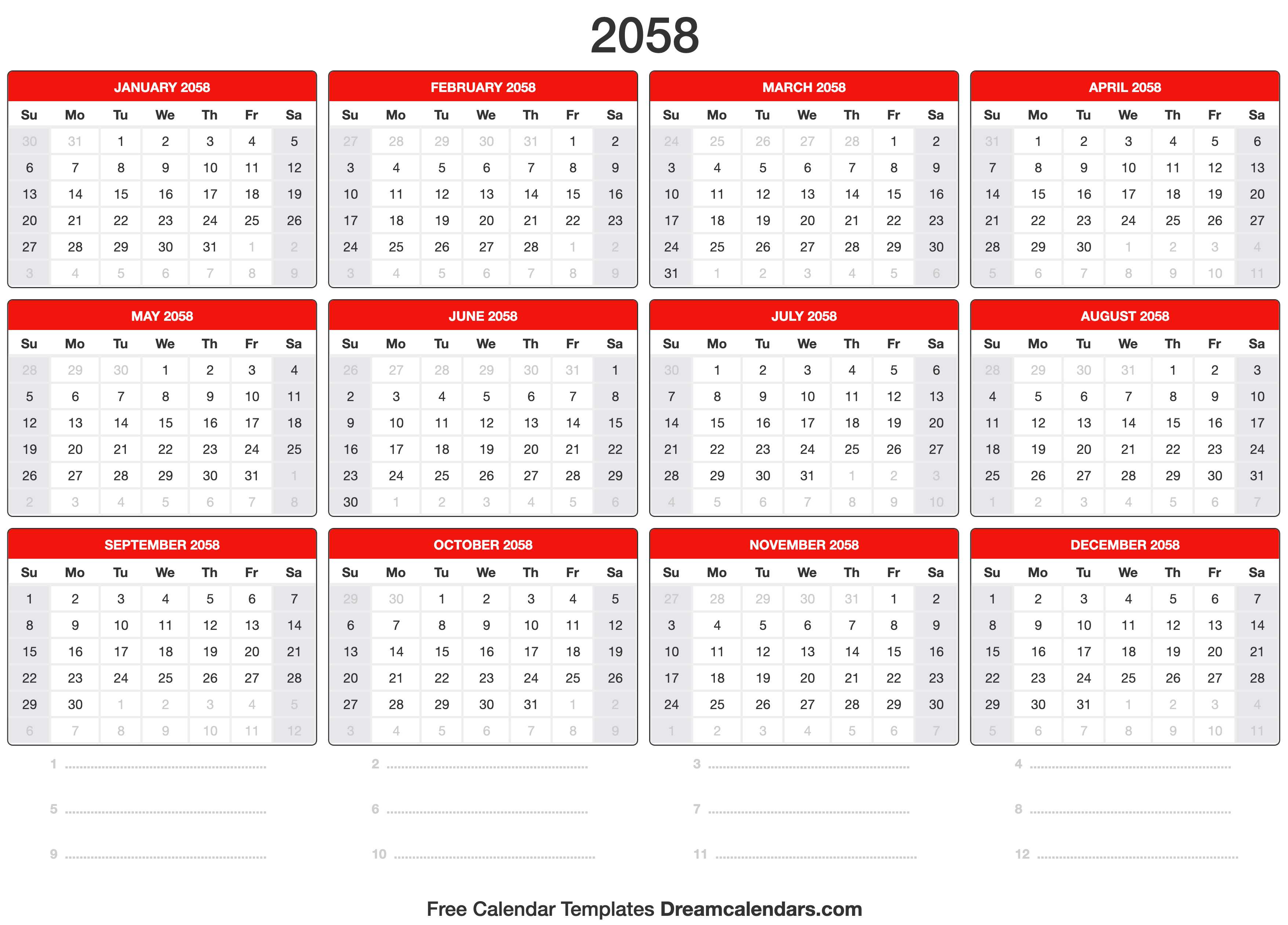 2058 Calendar Template
