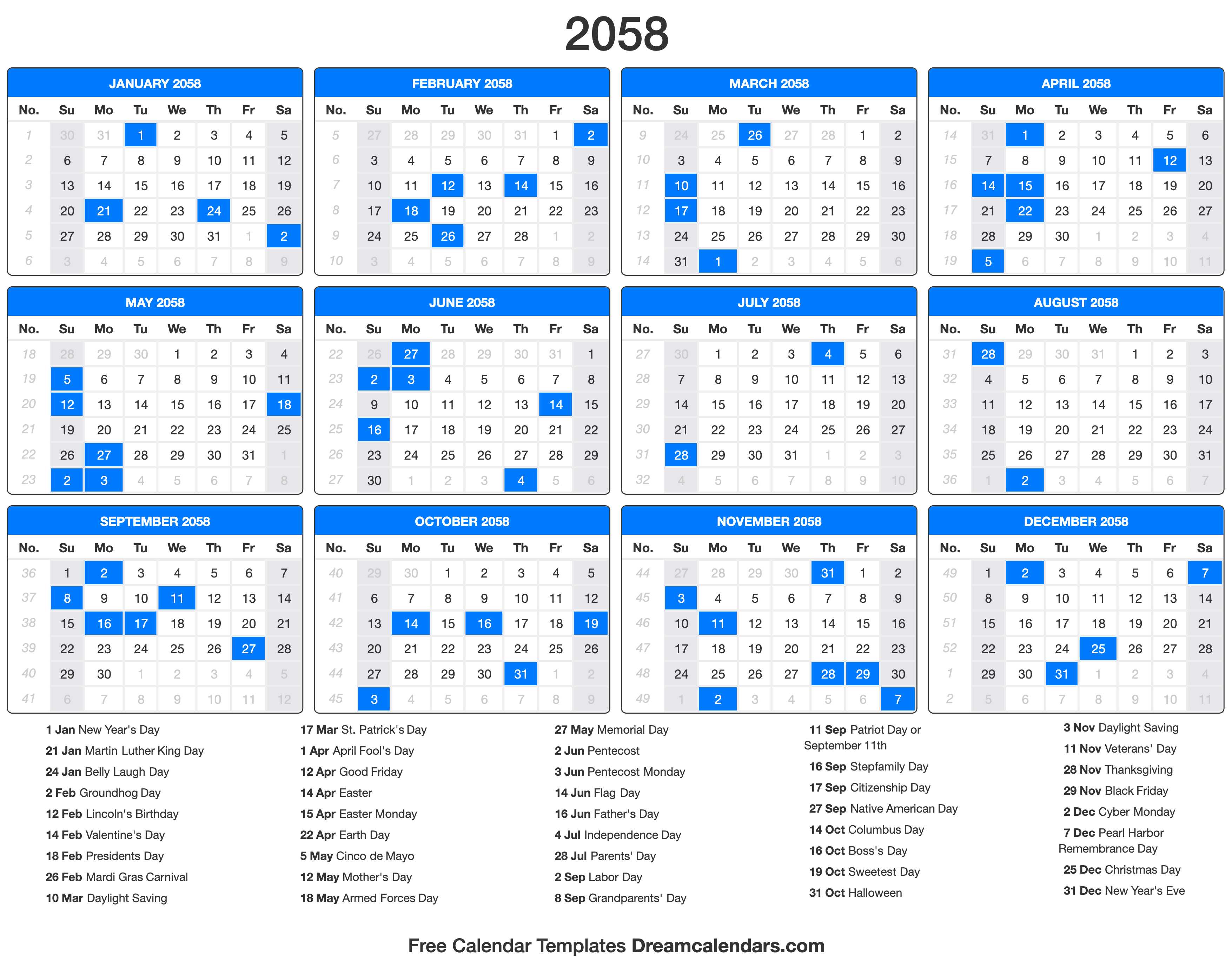 2058 Calendar with holidays