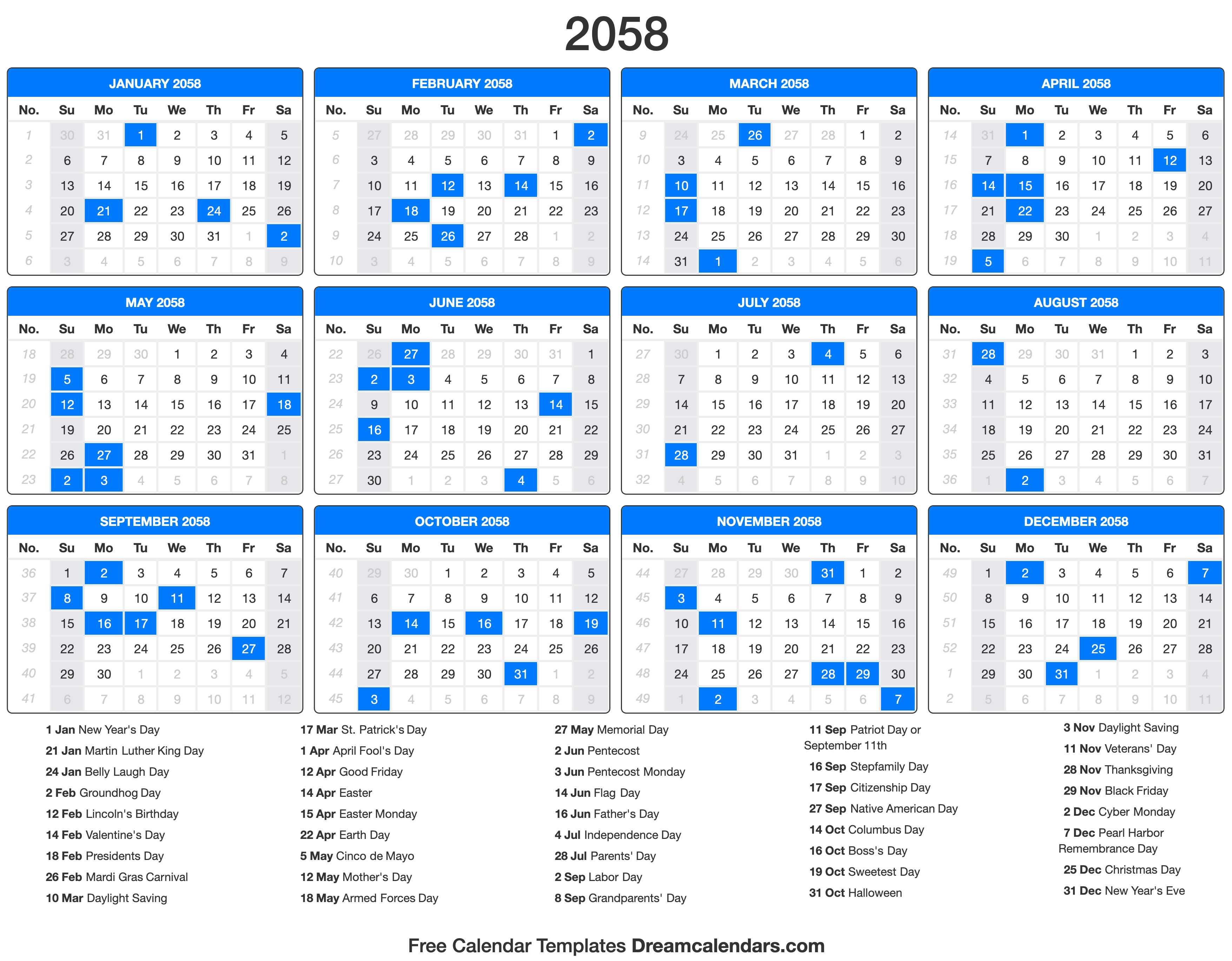 2058 Calendar