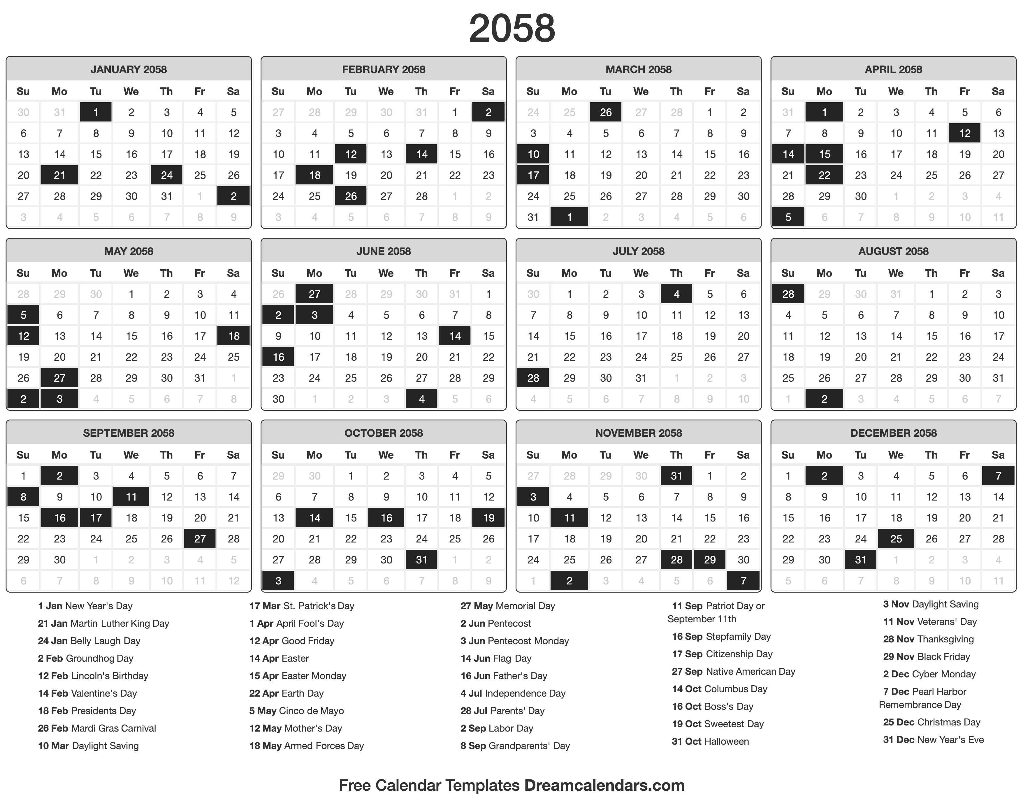2058 Calendar