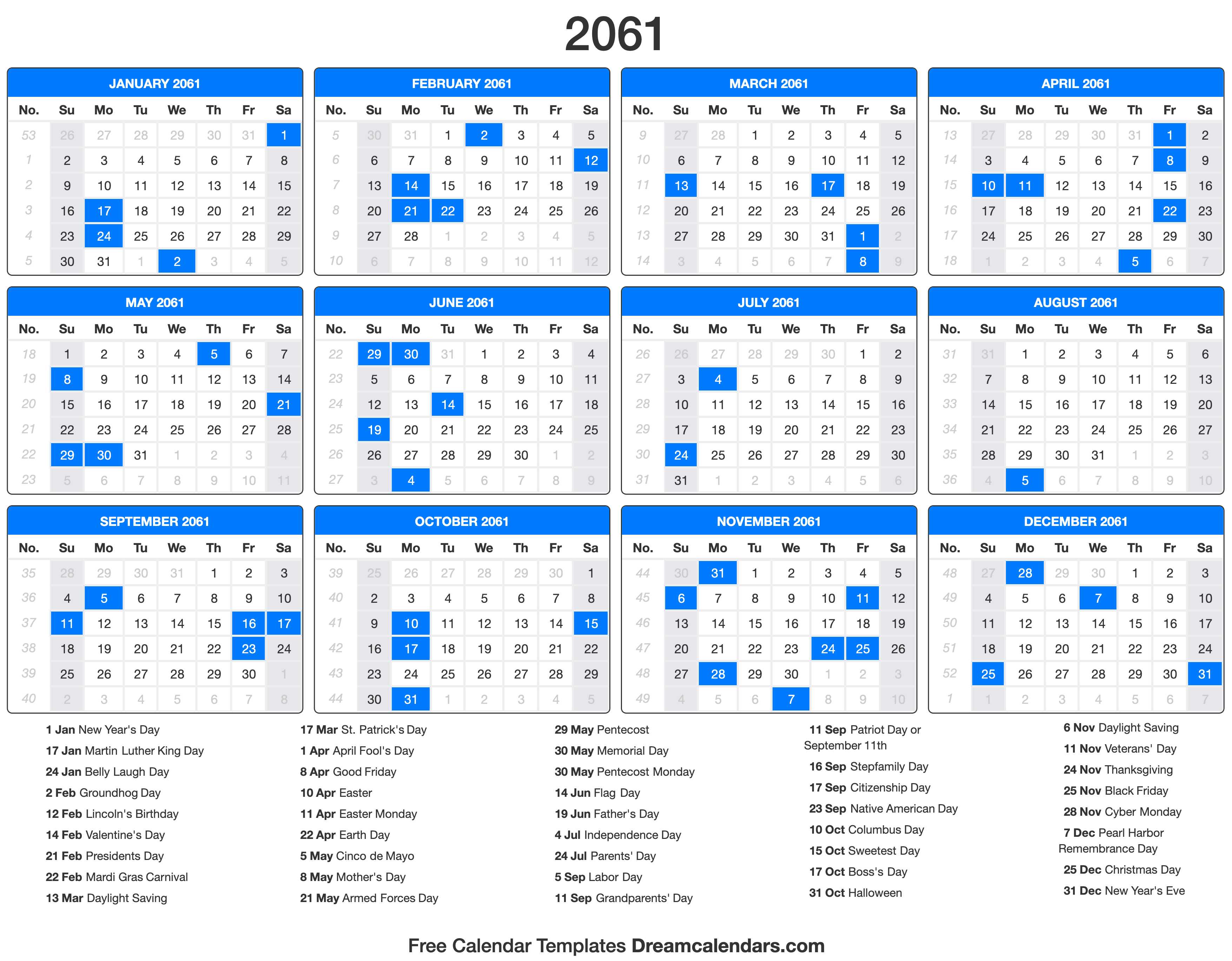 2061 Calendar with holidays