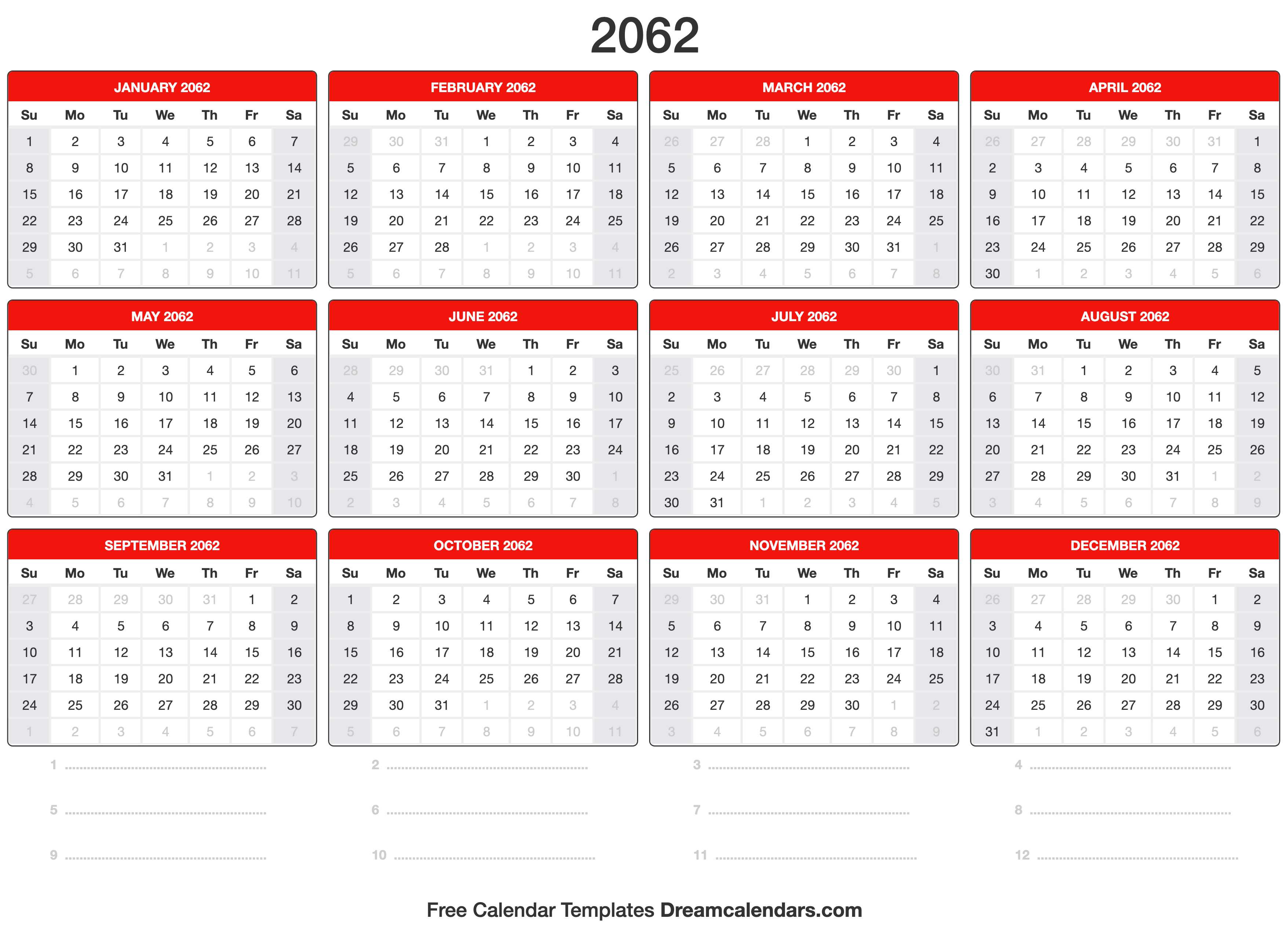 2062 Calendar Template