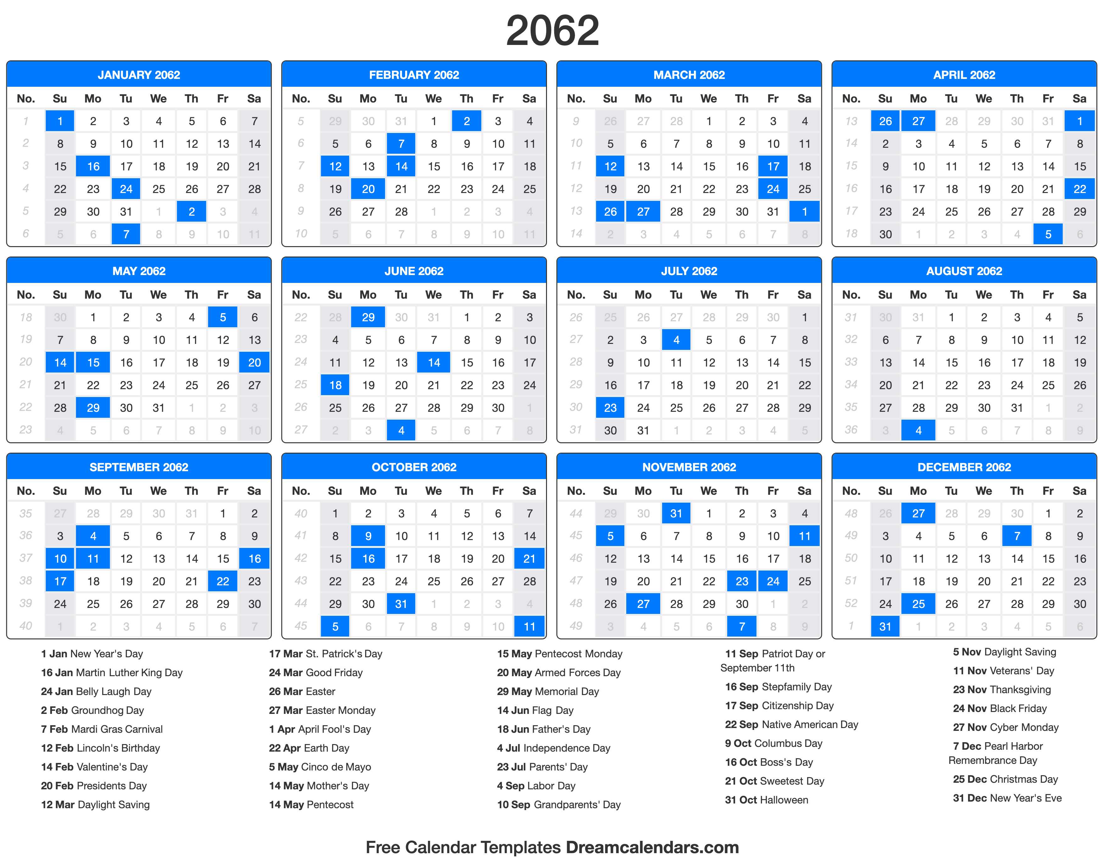 2062 Calendar with holidays