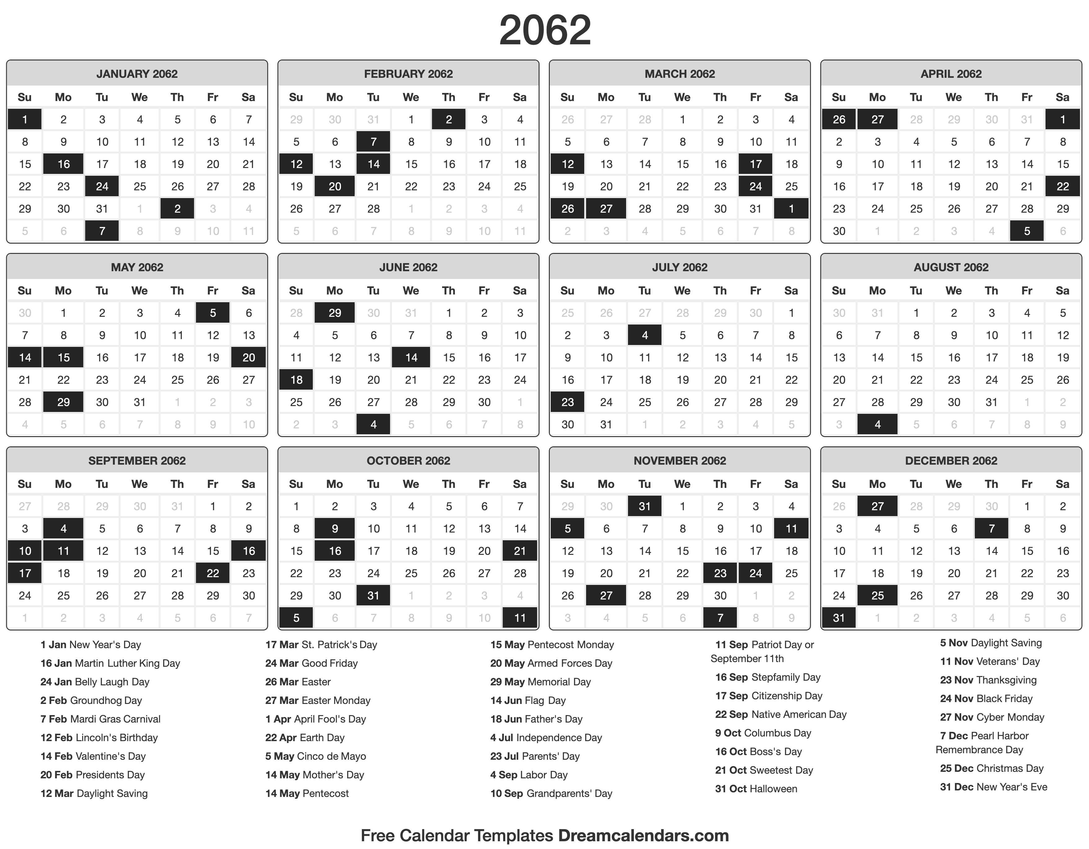 2062 Calendar