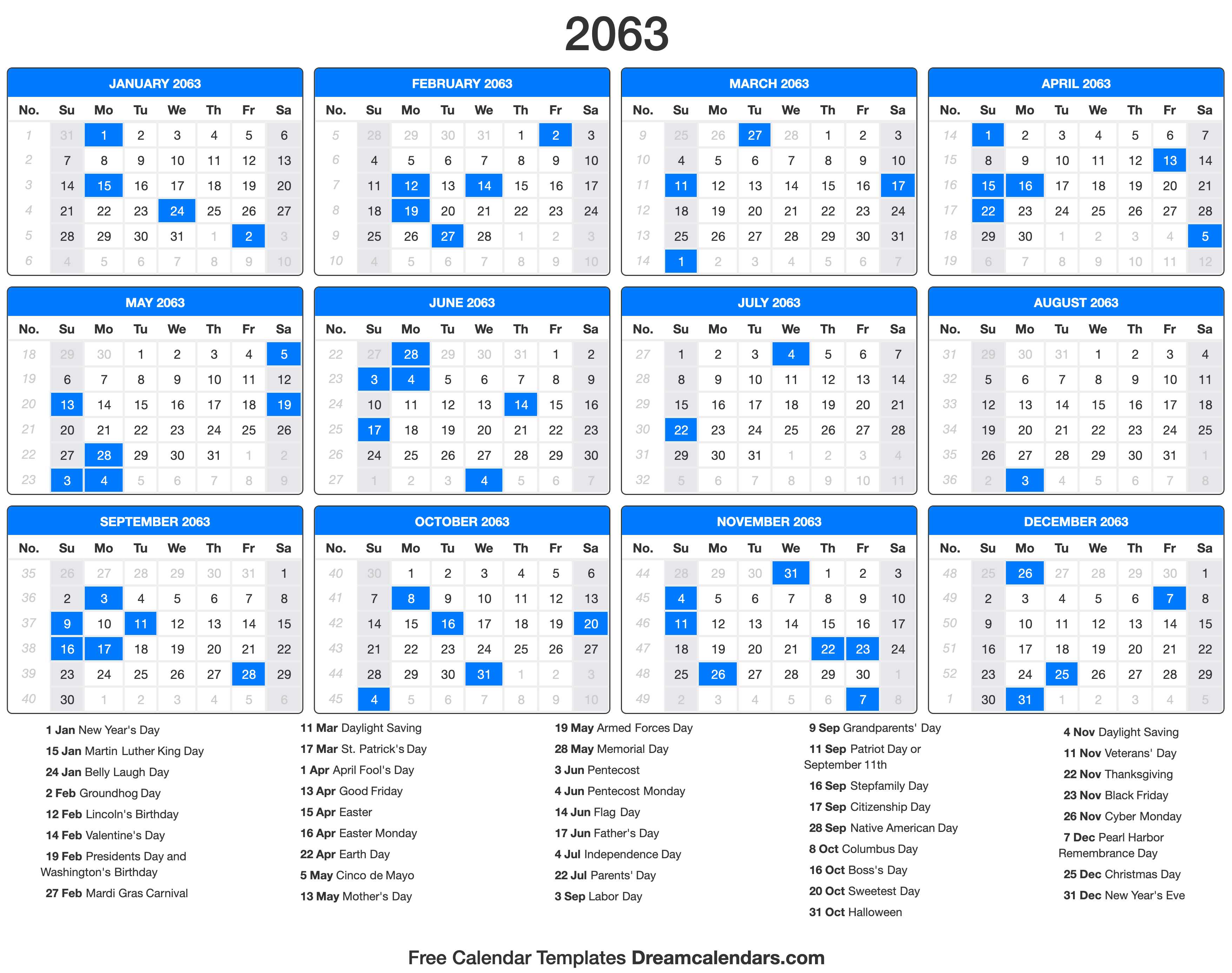 2063 Calendar with holidays